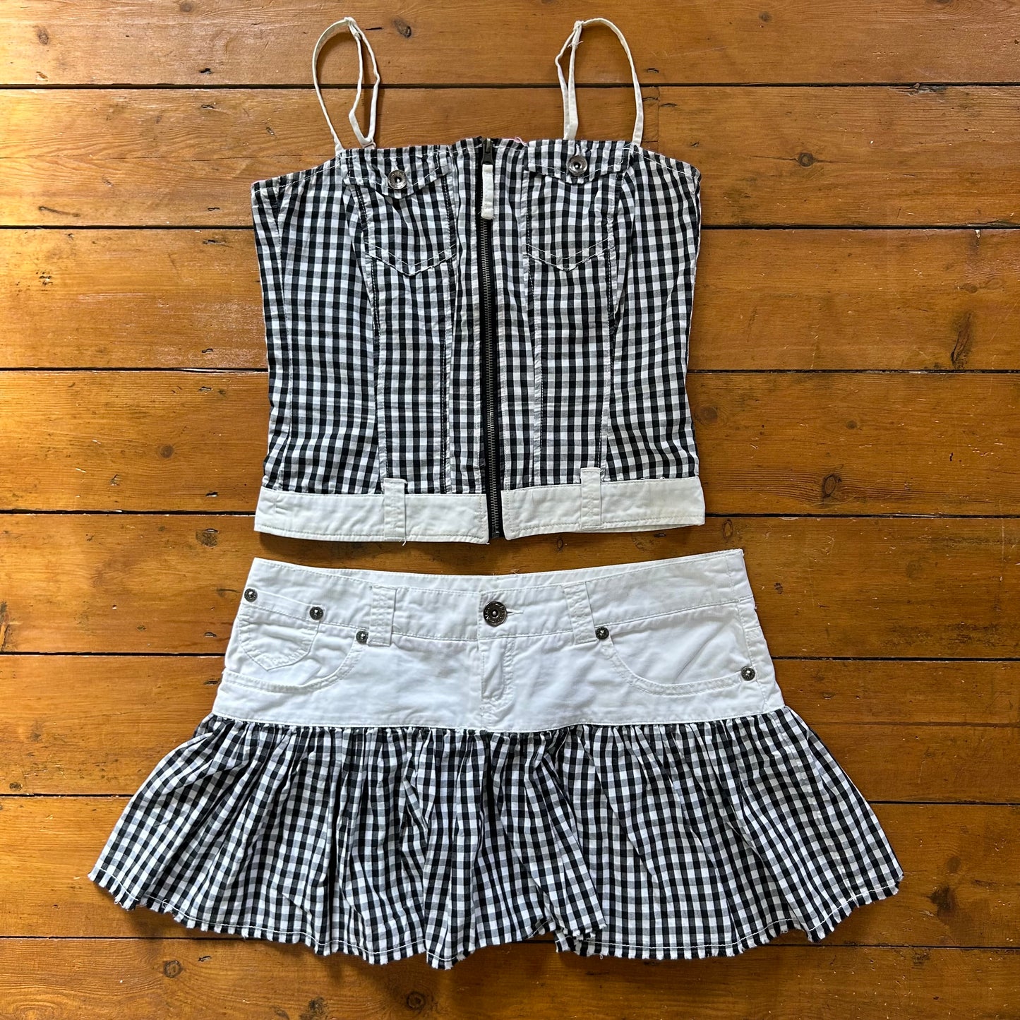 vintage 00s black and white gingham top and skirt co ord