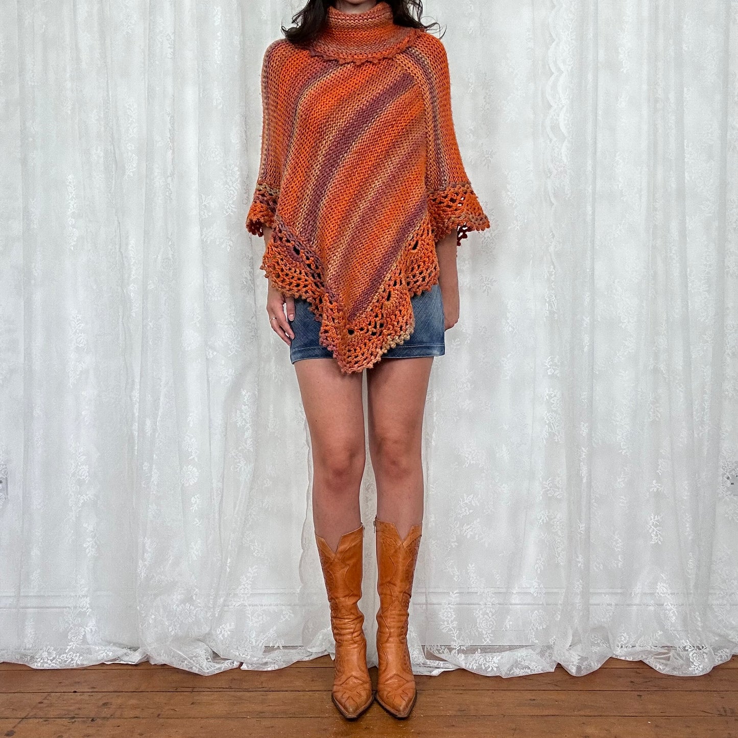 vintage 00s orange knitted turtleneck poncho