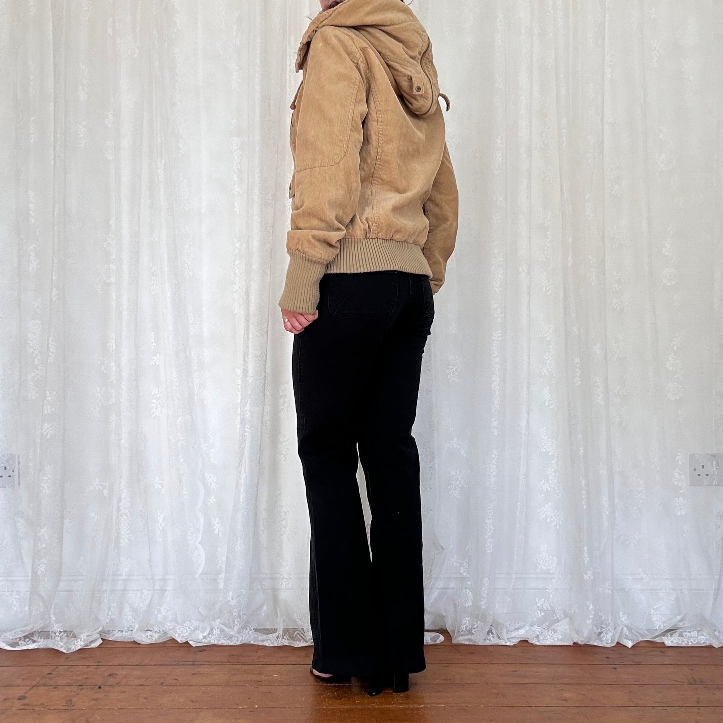 vintage 00s beige cord split hood bomber jacket
