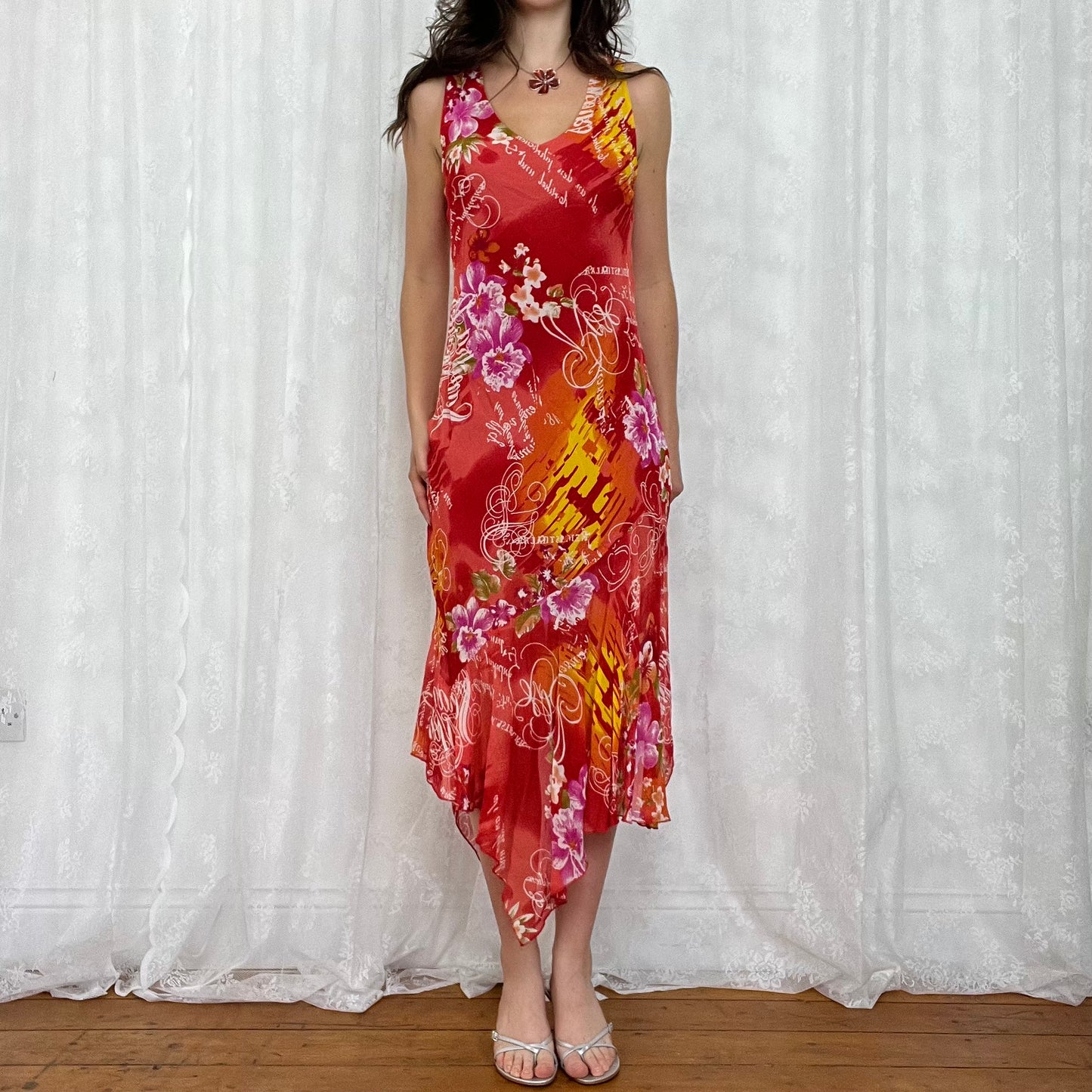 vintage 00s orange floral midi dress