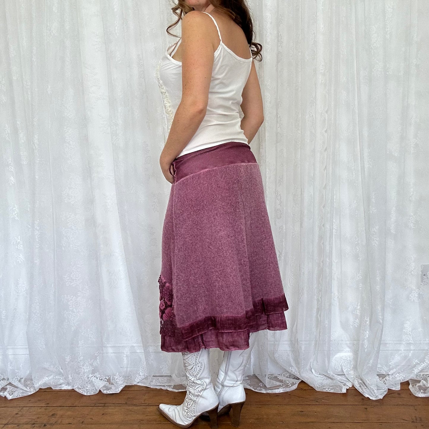 vintage 00s purple knitted lace midi skirt