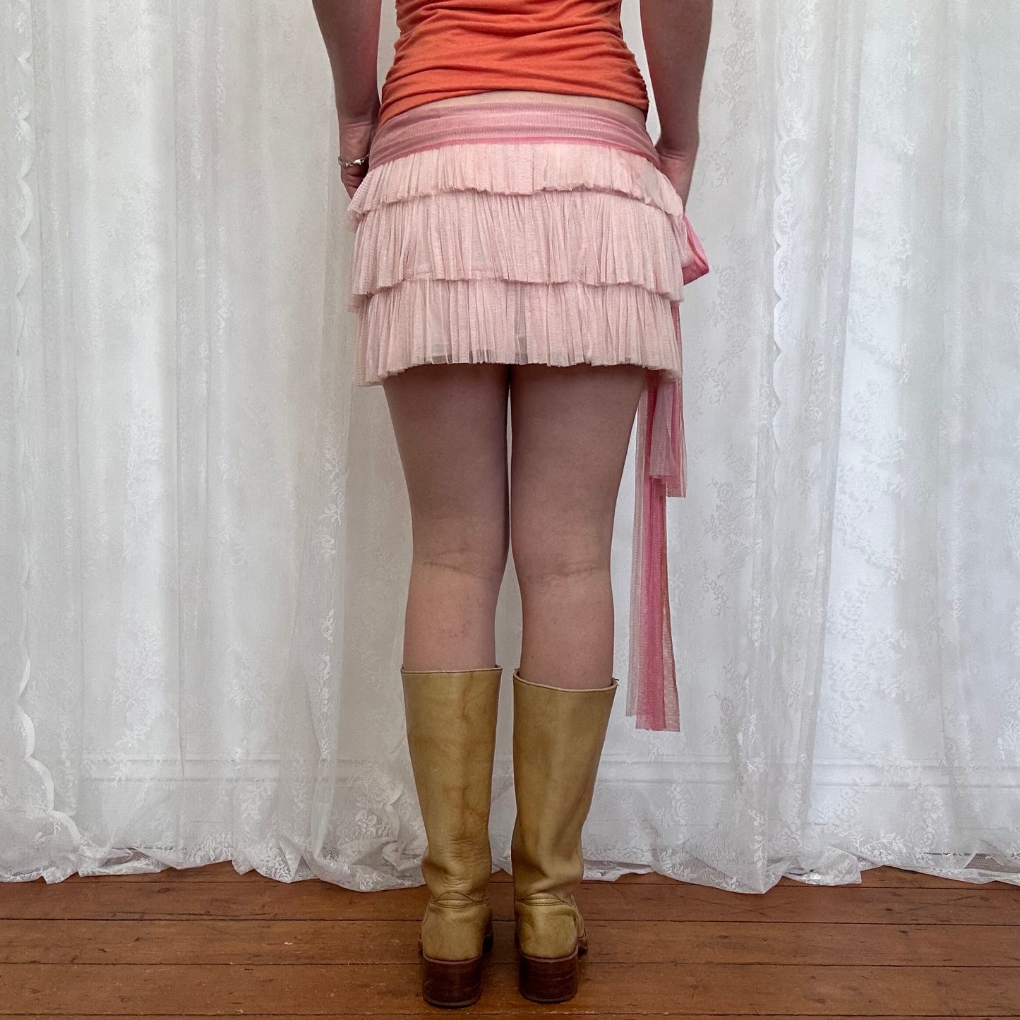 vintage 00s pink silk ruffle mini skirt with tie up belt