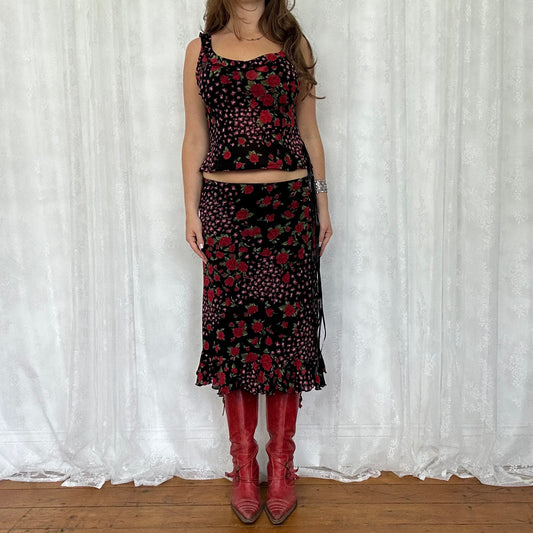 vintage 00s black floral print mesh skirt and top co ord