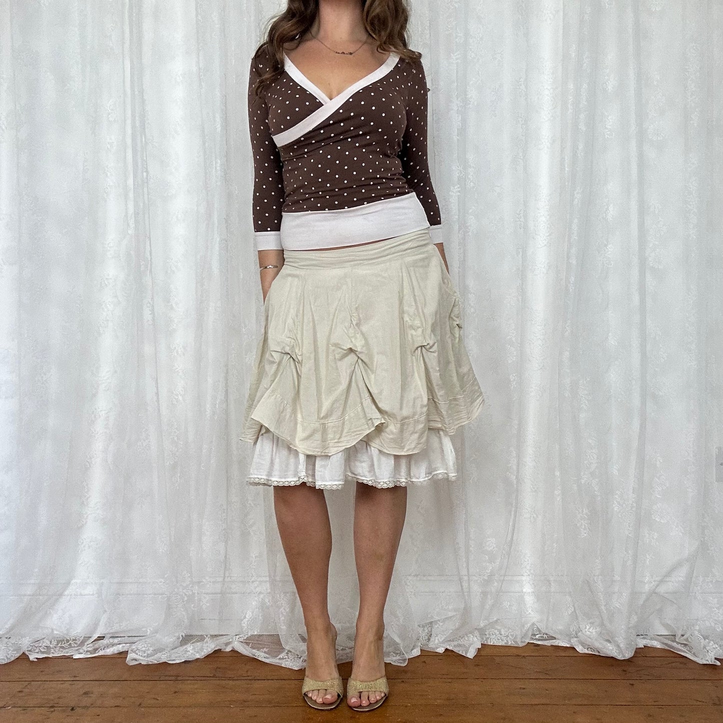 vintage 00s brown polka dot crop sleeve top