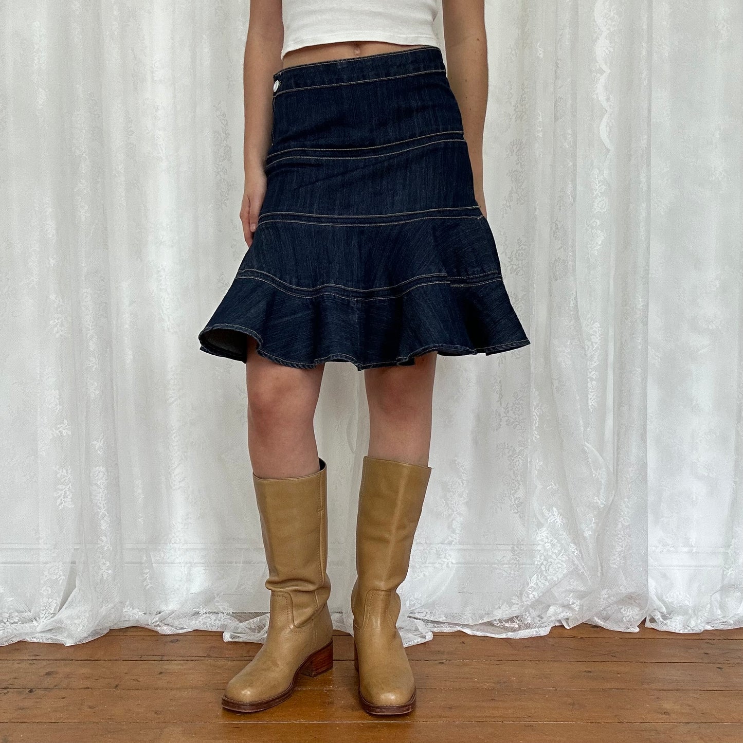 vintage 00s dark denim tiered midi skirt