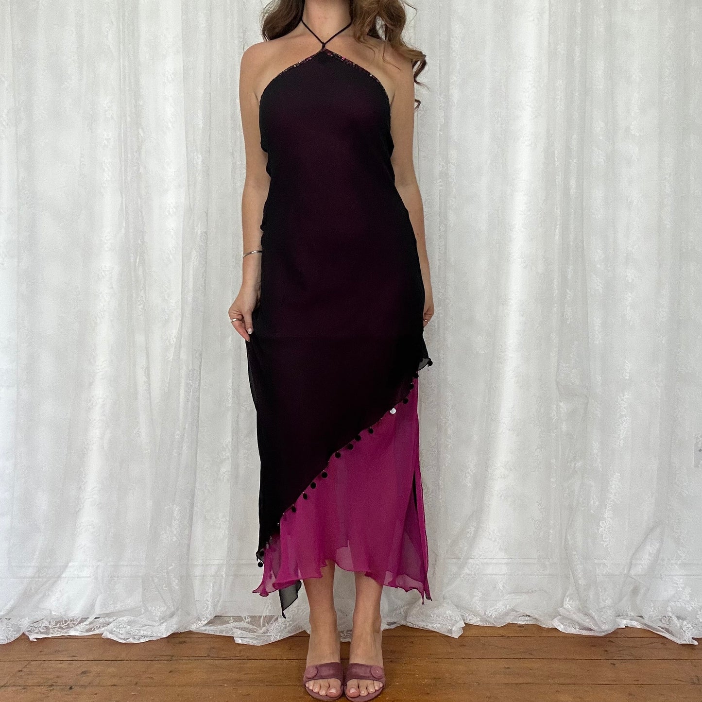 vintage 00s rene derhy pink and black sequin mesh midi dress