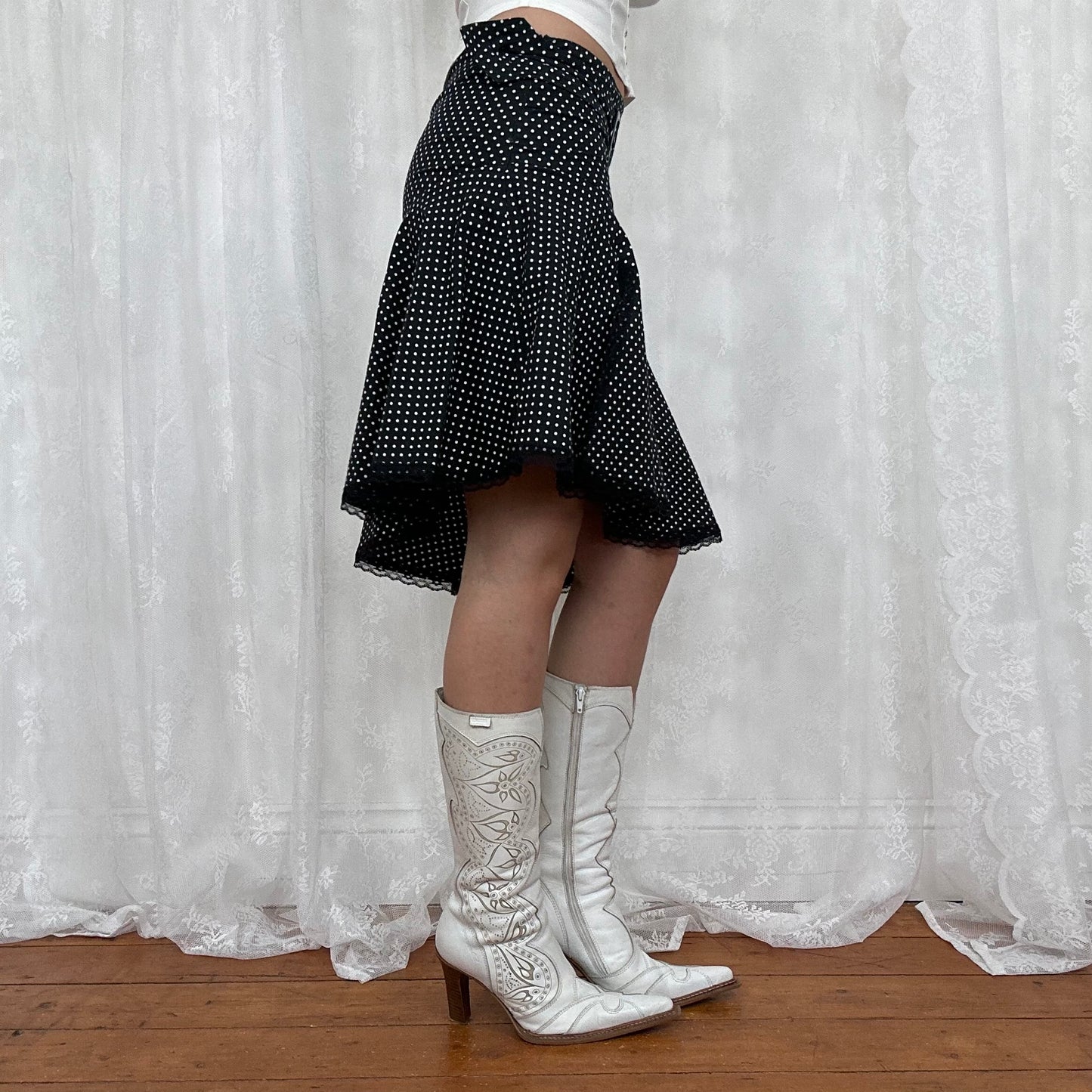vintage 00s black polka dot asymmetrical midi skirt with belt