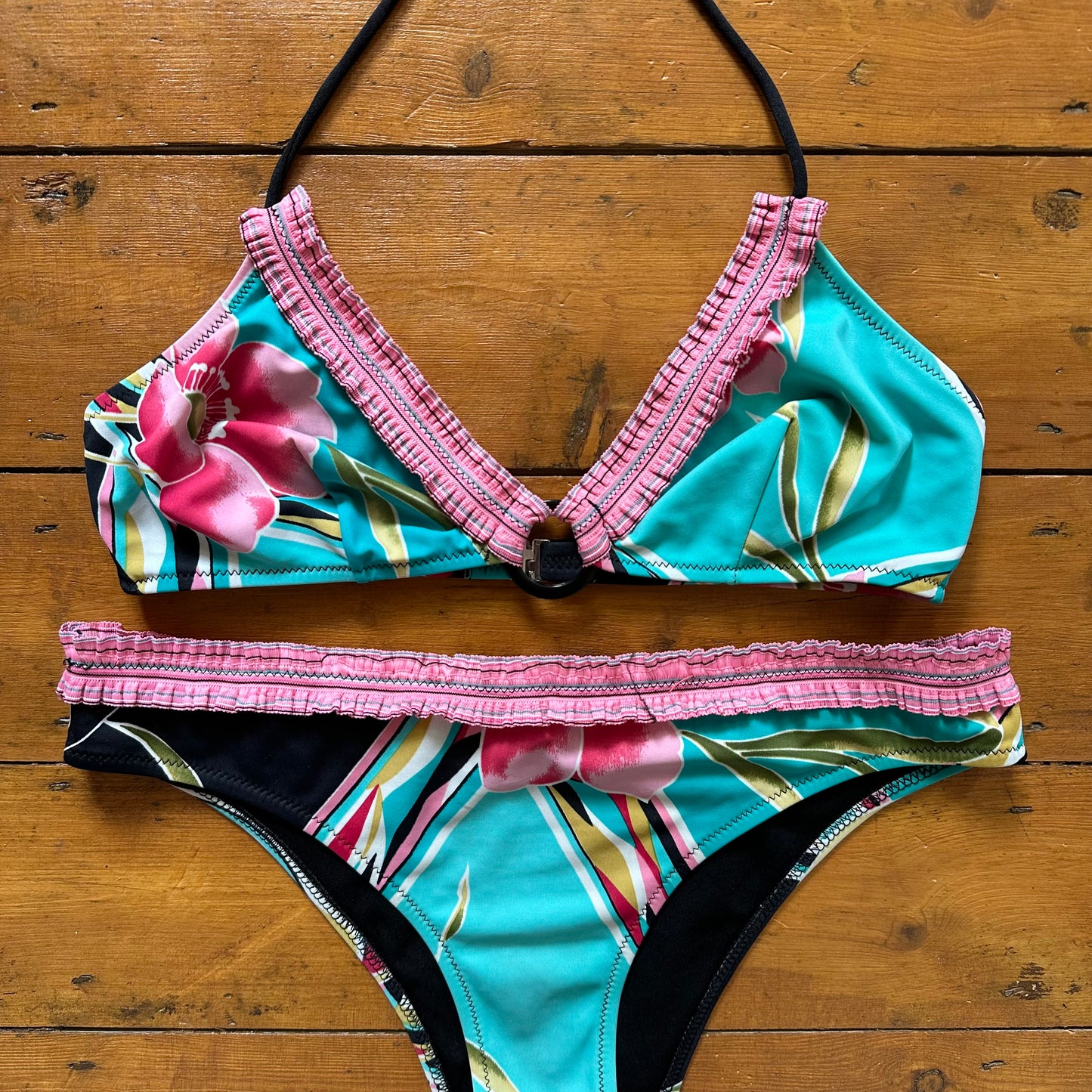 vintage 00s black o ring bikini with pink and blue floral pattern