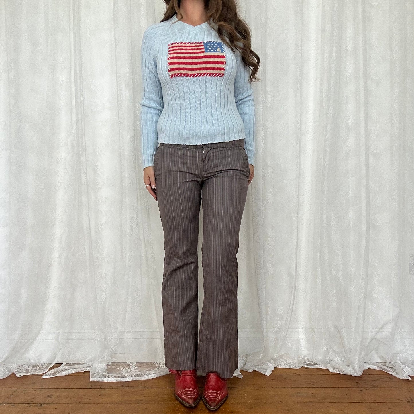 vintage 00s baby blue knitted flag jumper