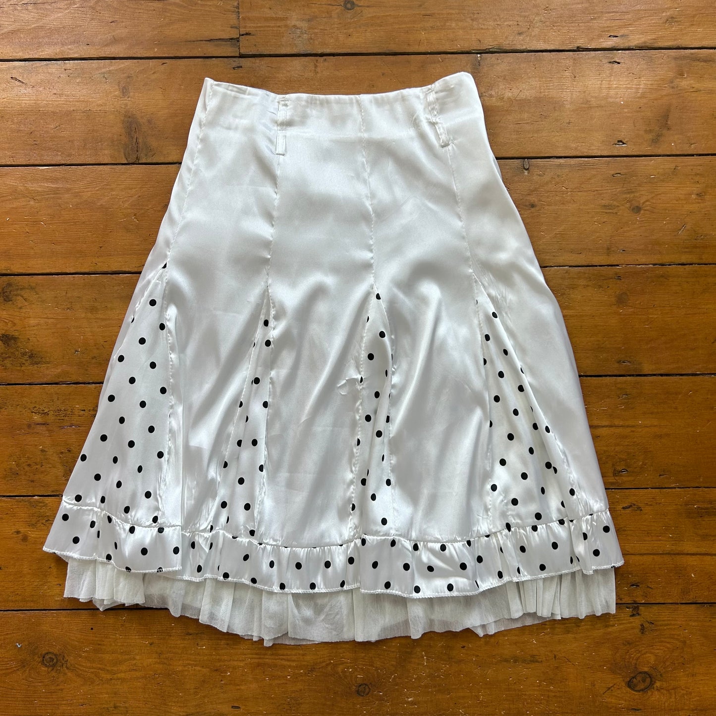 vintage 00s white satin midi skirt with polka dot trim