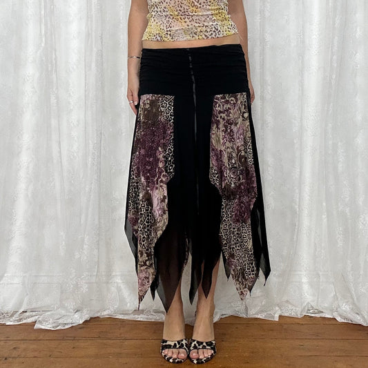 vintage 00s black animal print mesh fairy midi skirt