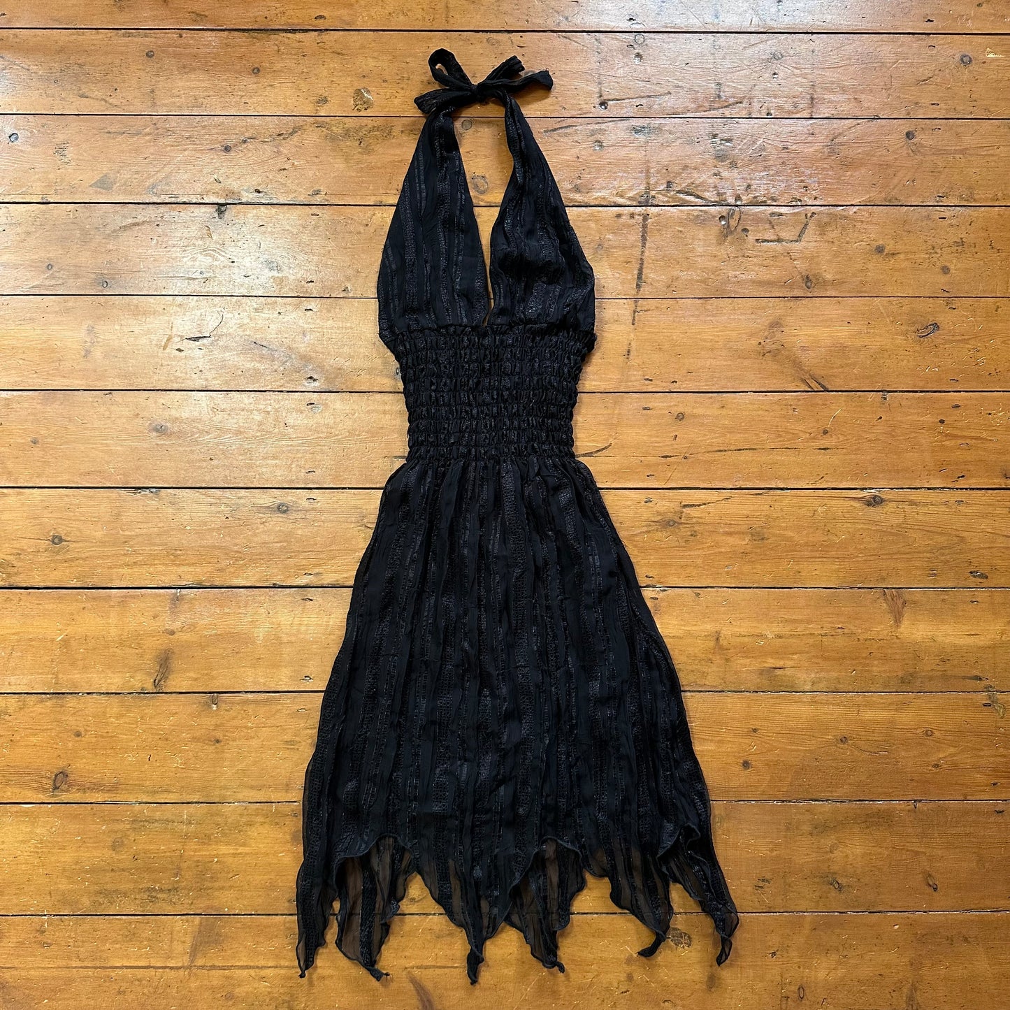 vintage 00s black shirred halter midi dress
