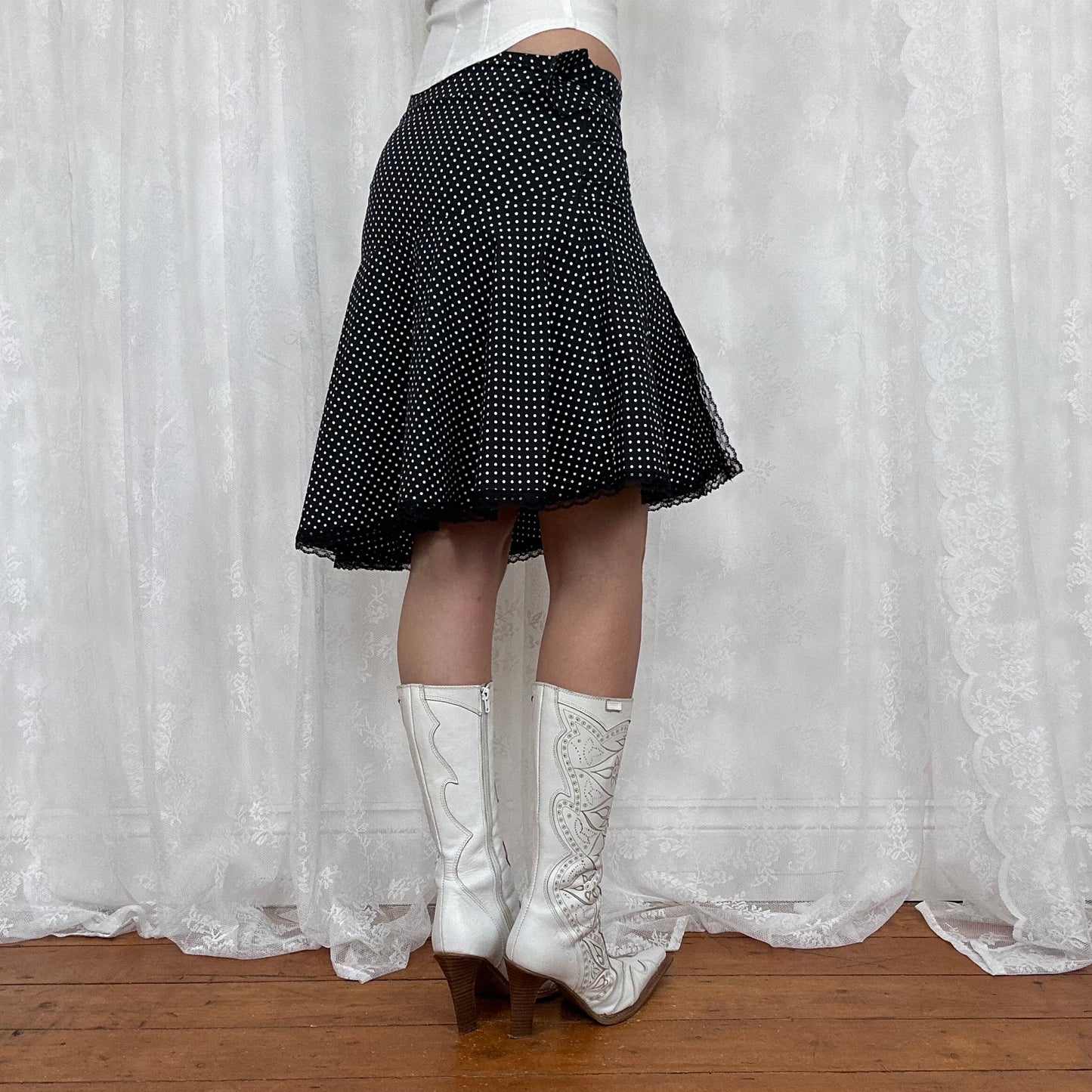 vintage 00s black polka dot asymmetrical midi skirt with belt