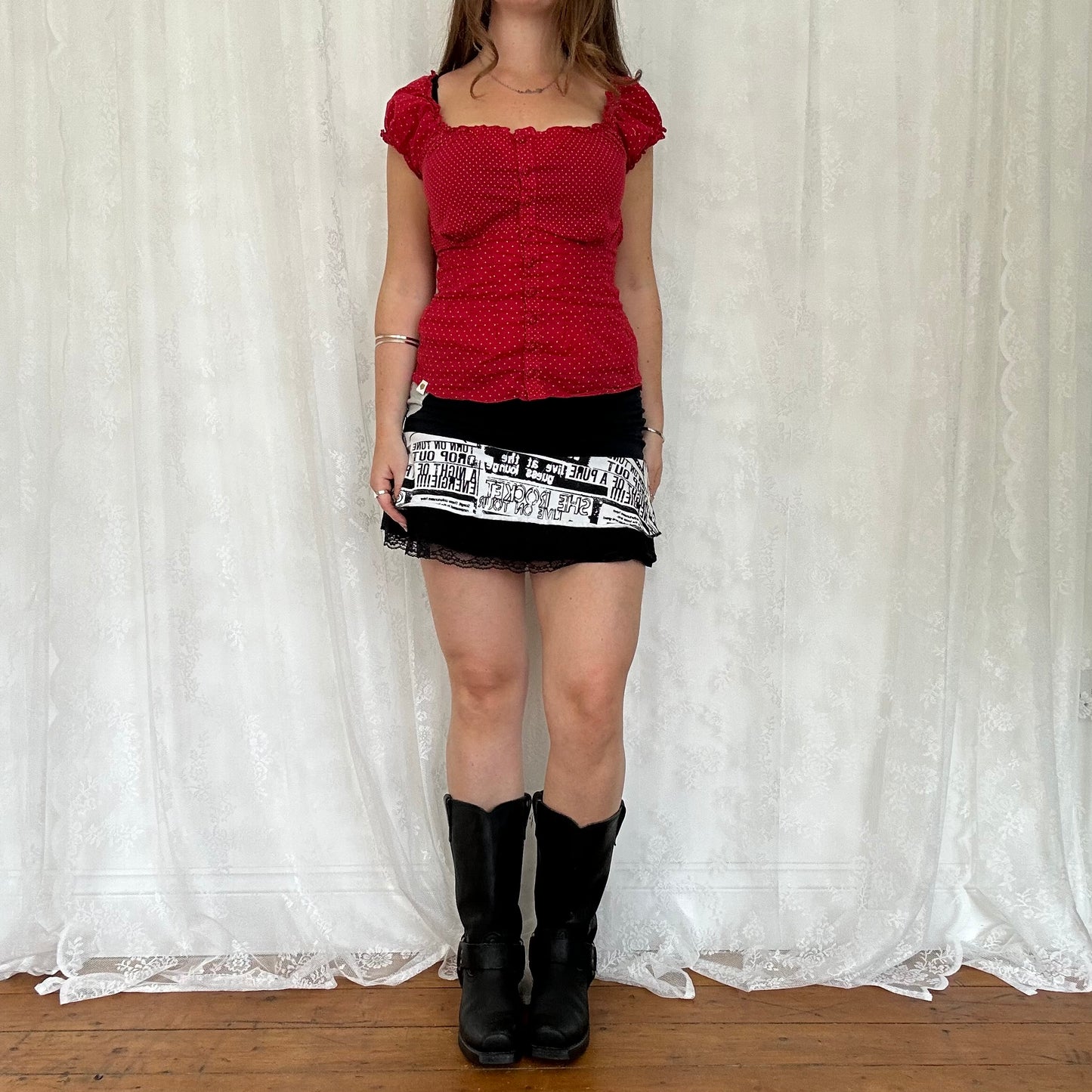 vintage 00s red polka dot tie back milkmaid top