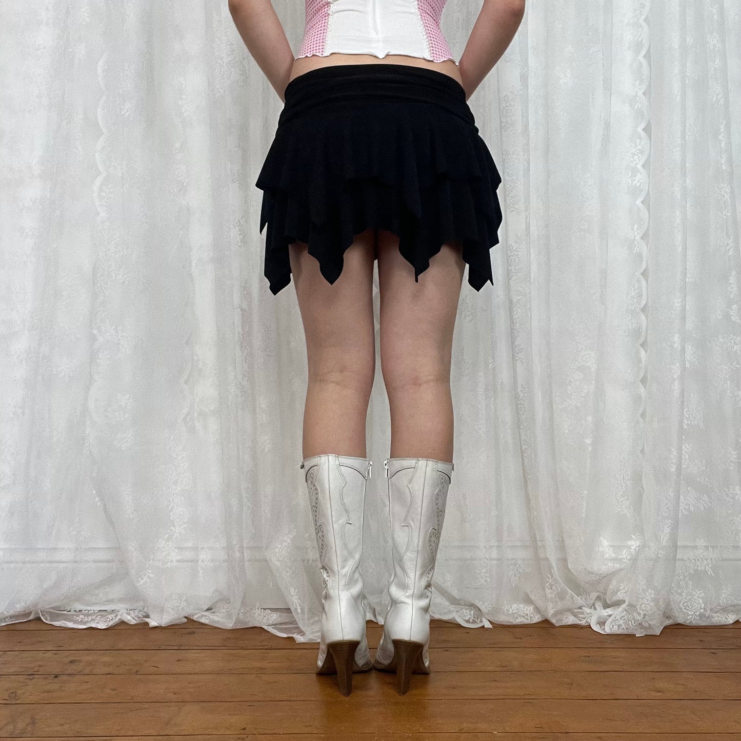 vintage 00s black glitter ruffle mini skirt
