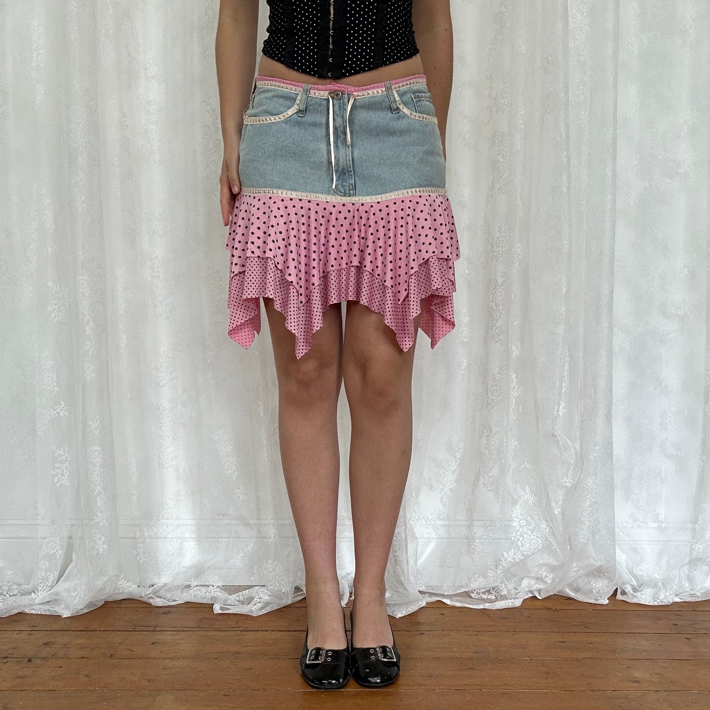 vintage 00s pink and black polka dot denim mini skirt