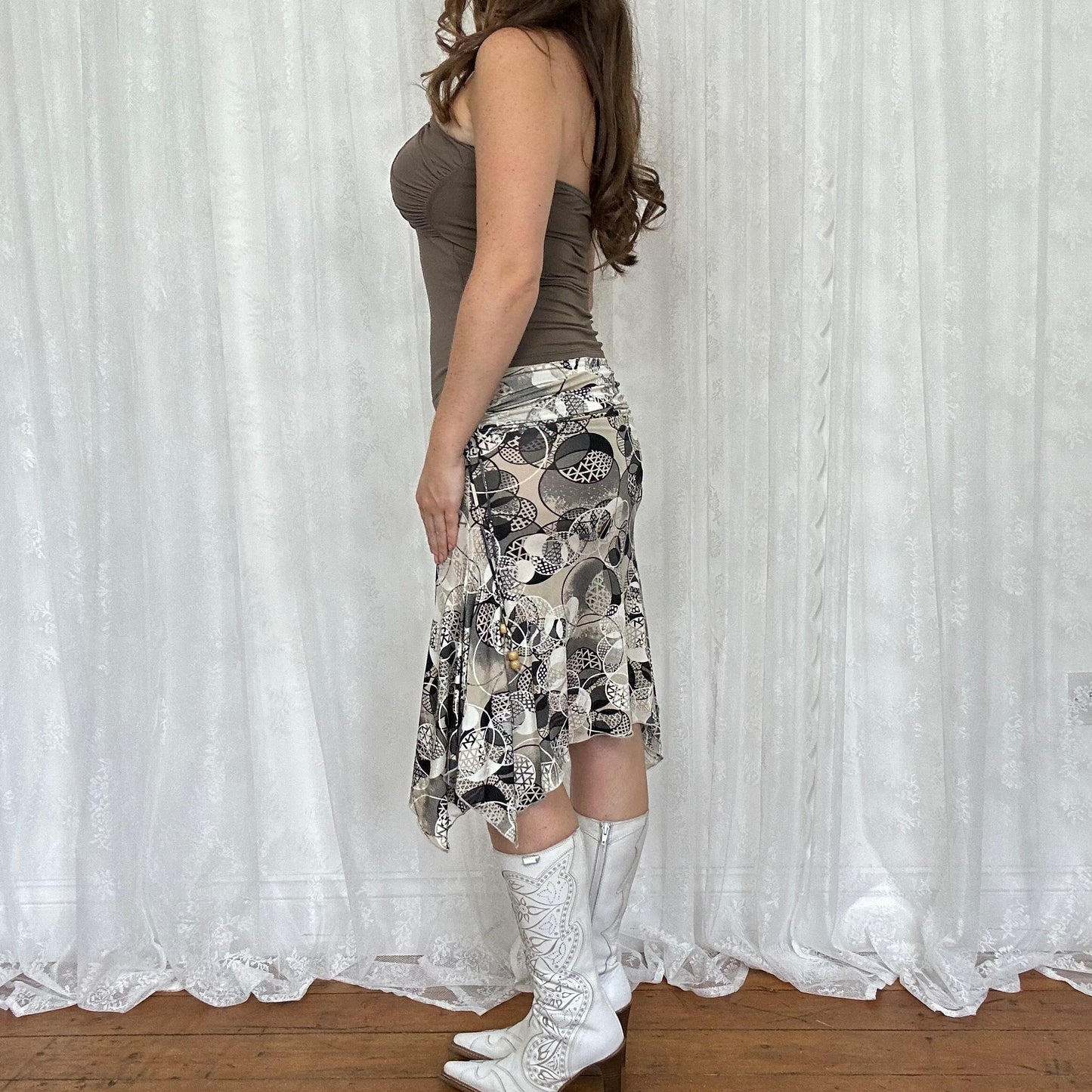 vintage 00s black and beige patterned midi skirt