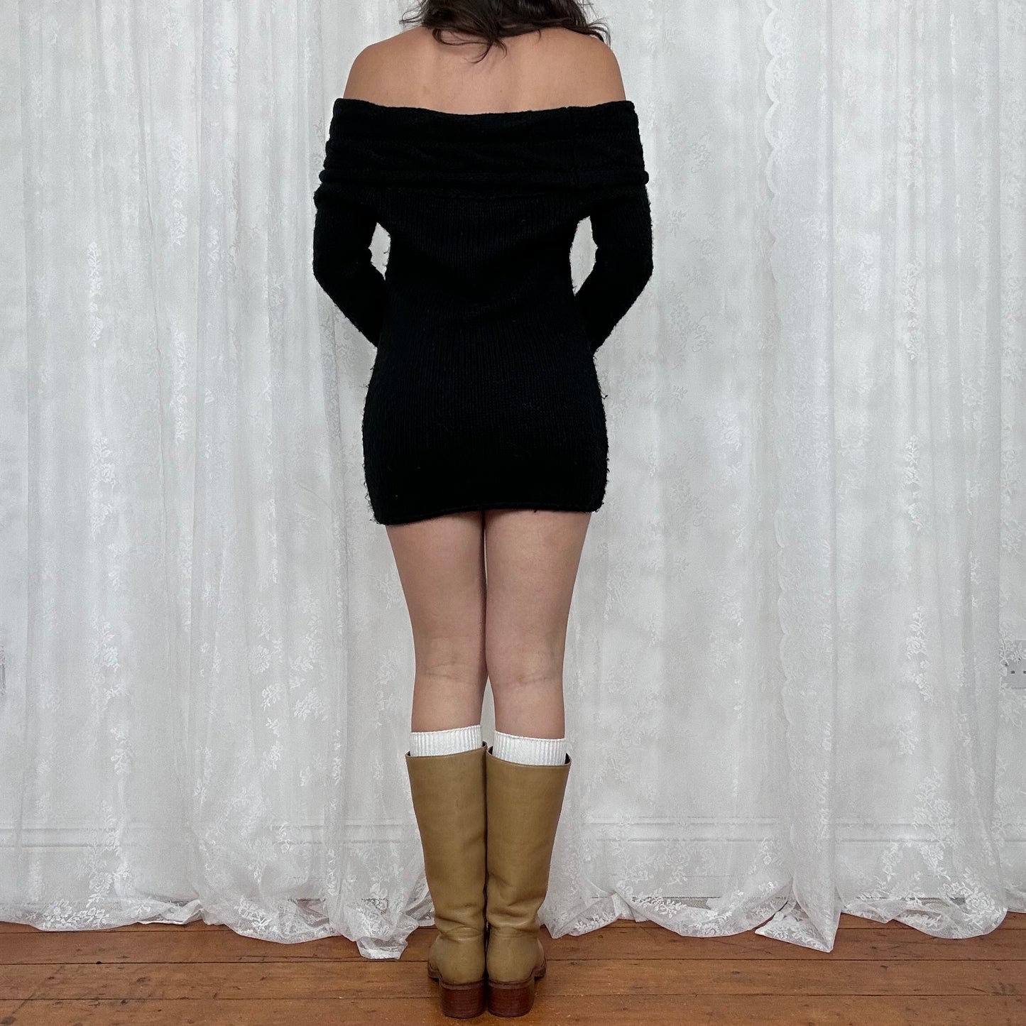 vintage 00s black knitted off shoulder mini dress