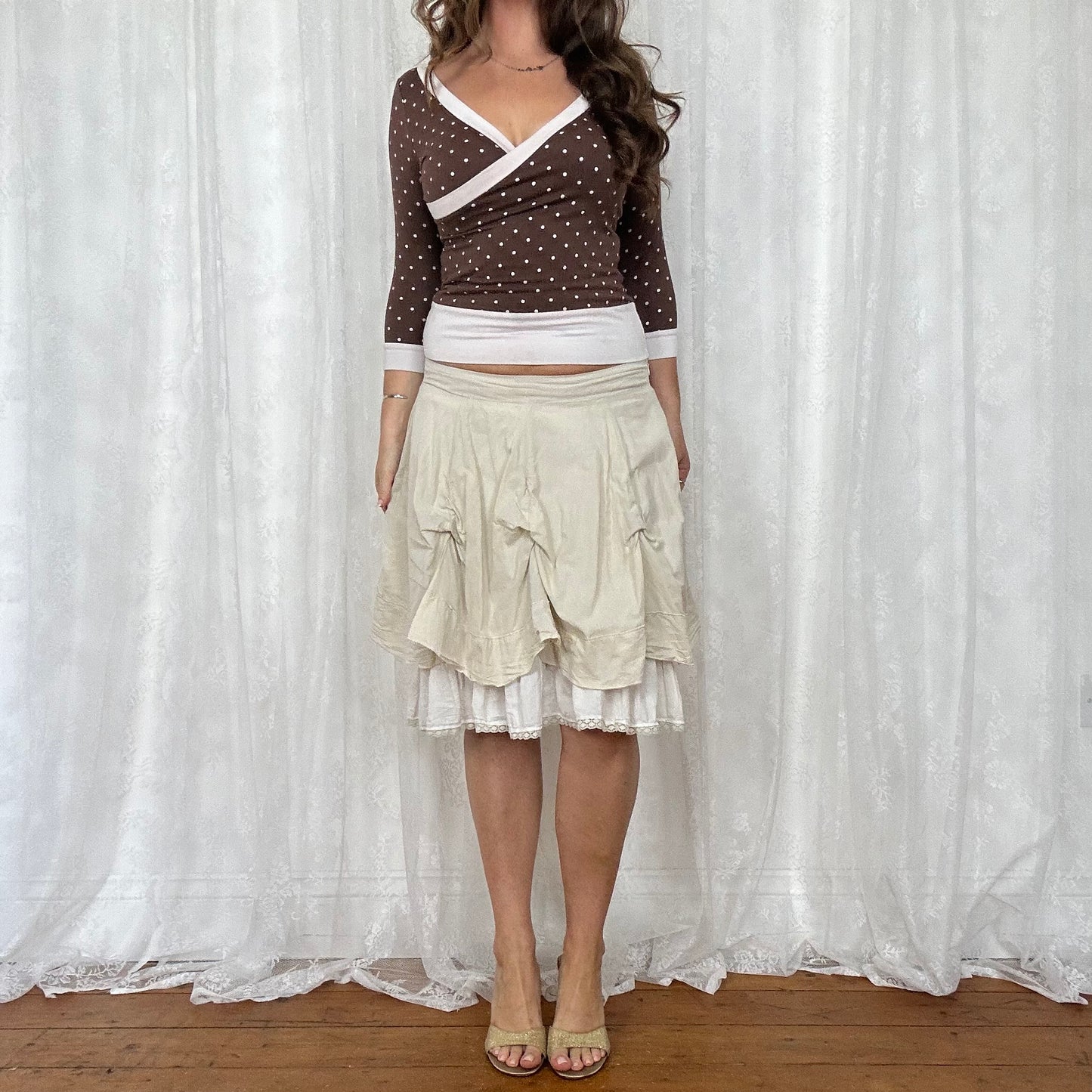 vintage 00s brown polka dot crop sleeve top