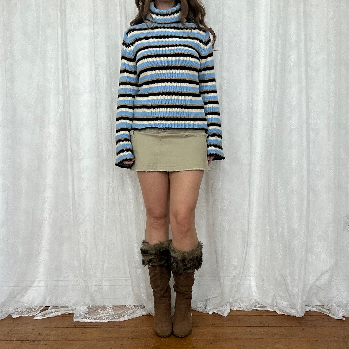 vintage 00s brown and blue stripey knitted jumer