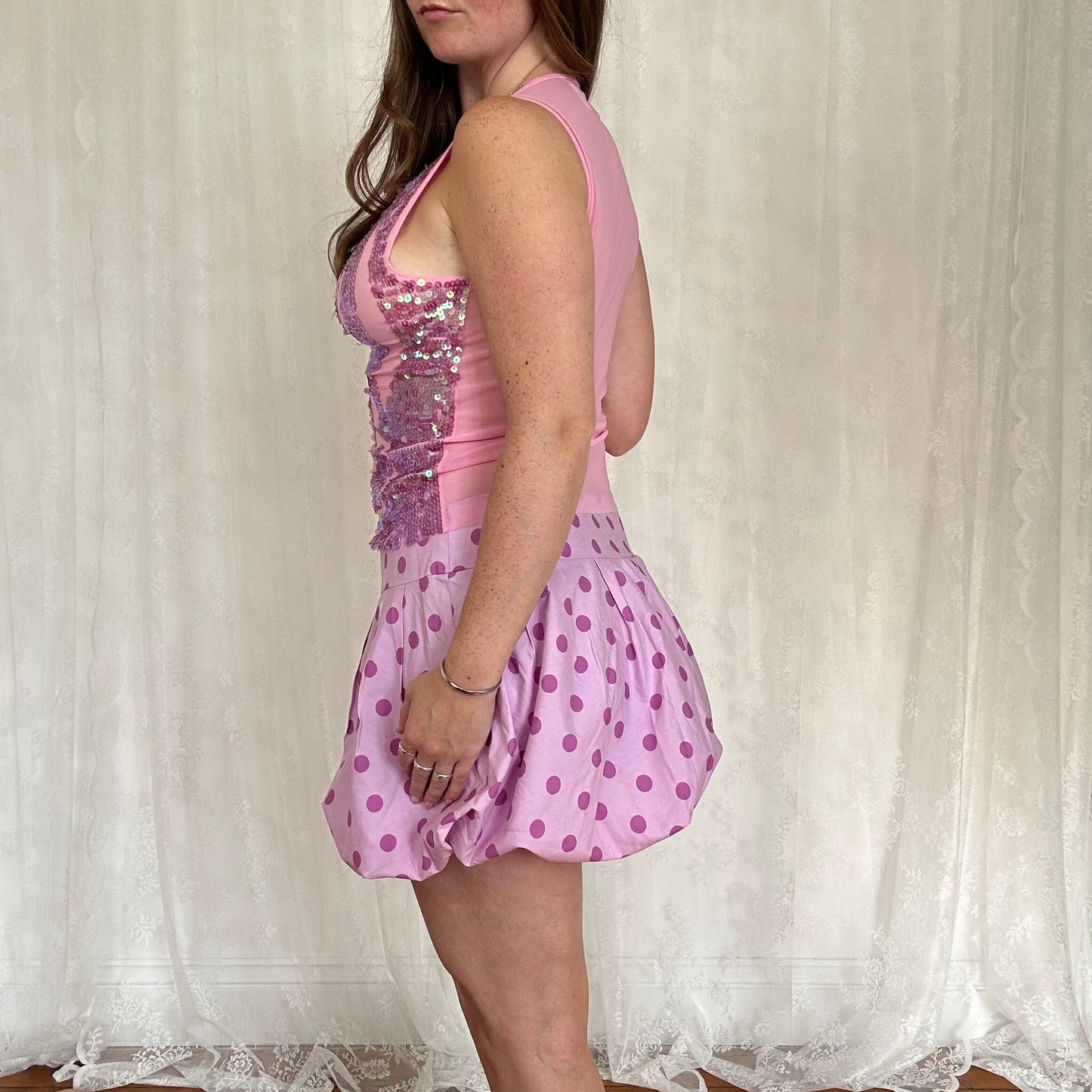 vintage 00s pink and purple polka dot bubble mini skirt