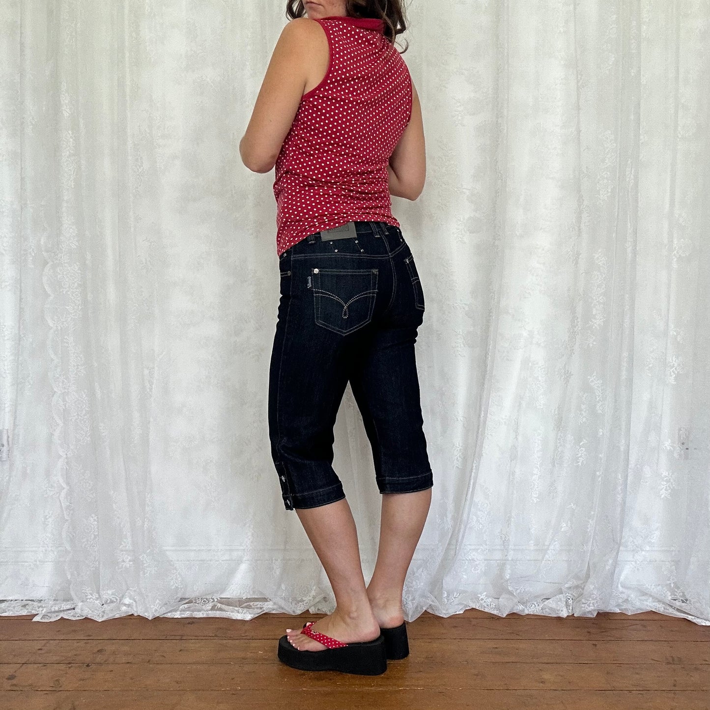 vintage 00s red polka dot collared top