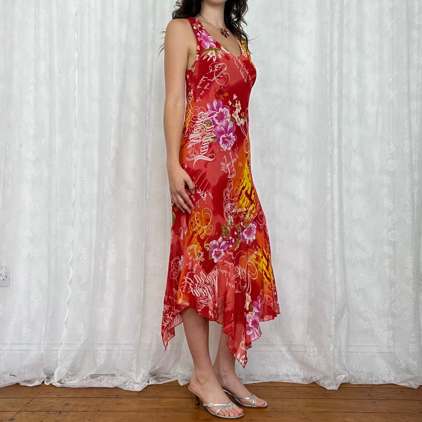 vintage 00s orange floral midi dress