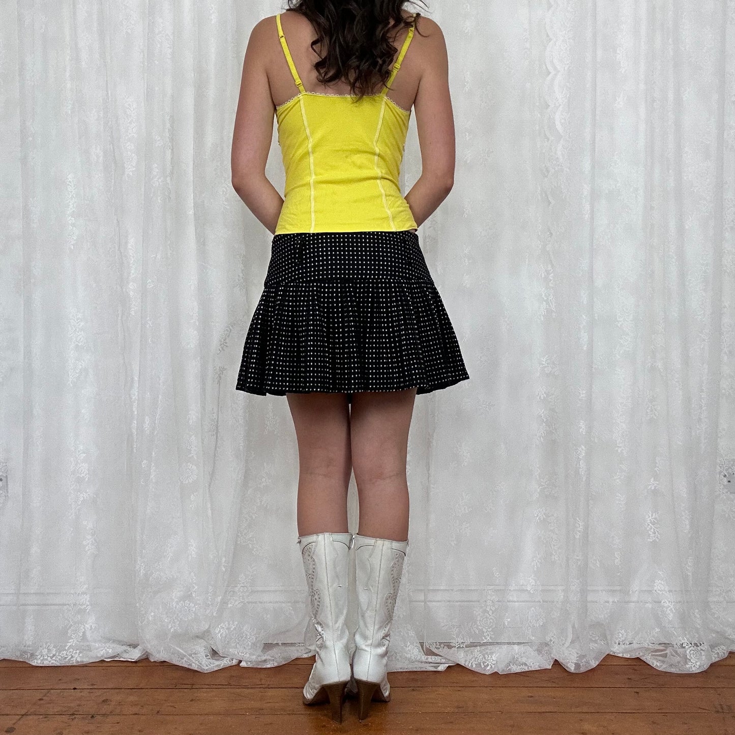 vintage 00s black and white polka dot trench coat and mini skirt co ord