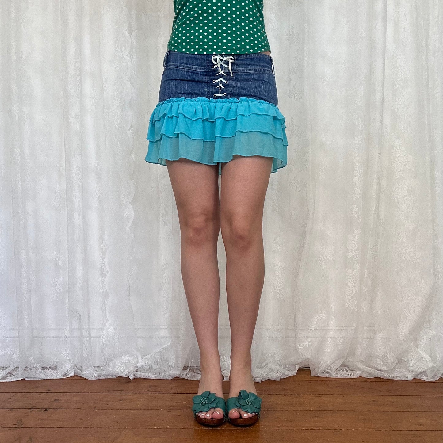 vintage 00s blue mesh ruffle denim mini skirt