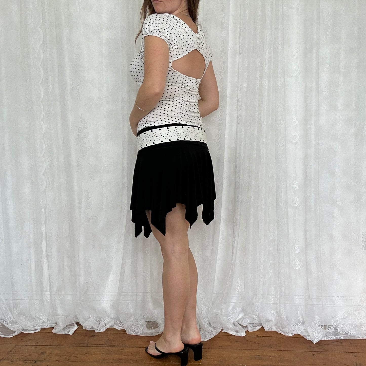 vintage 00s black and white polka dot top with built in shrug
