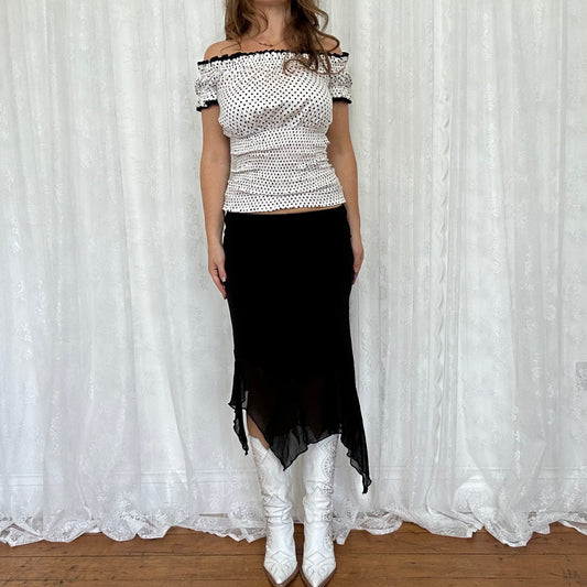 vintage 00s black and white polka dot shirred top