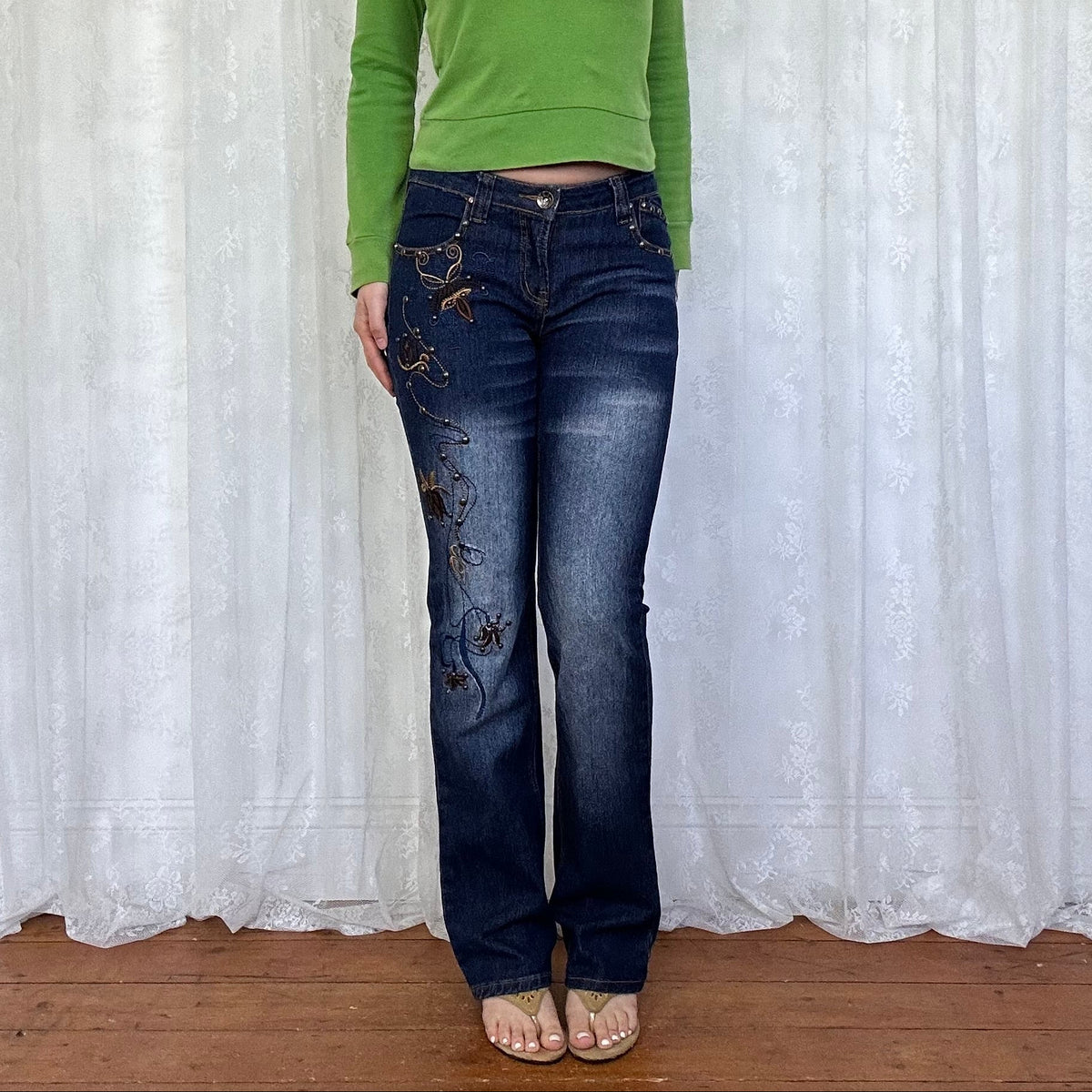 vintage 00s dark wash straight leg jeans with studs and embroidery
