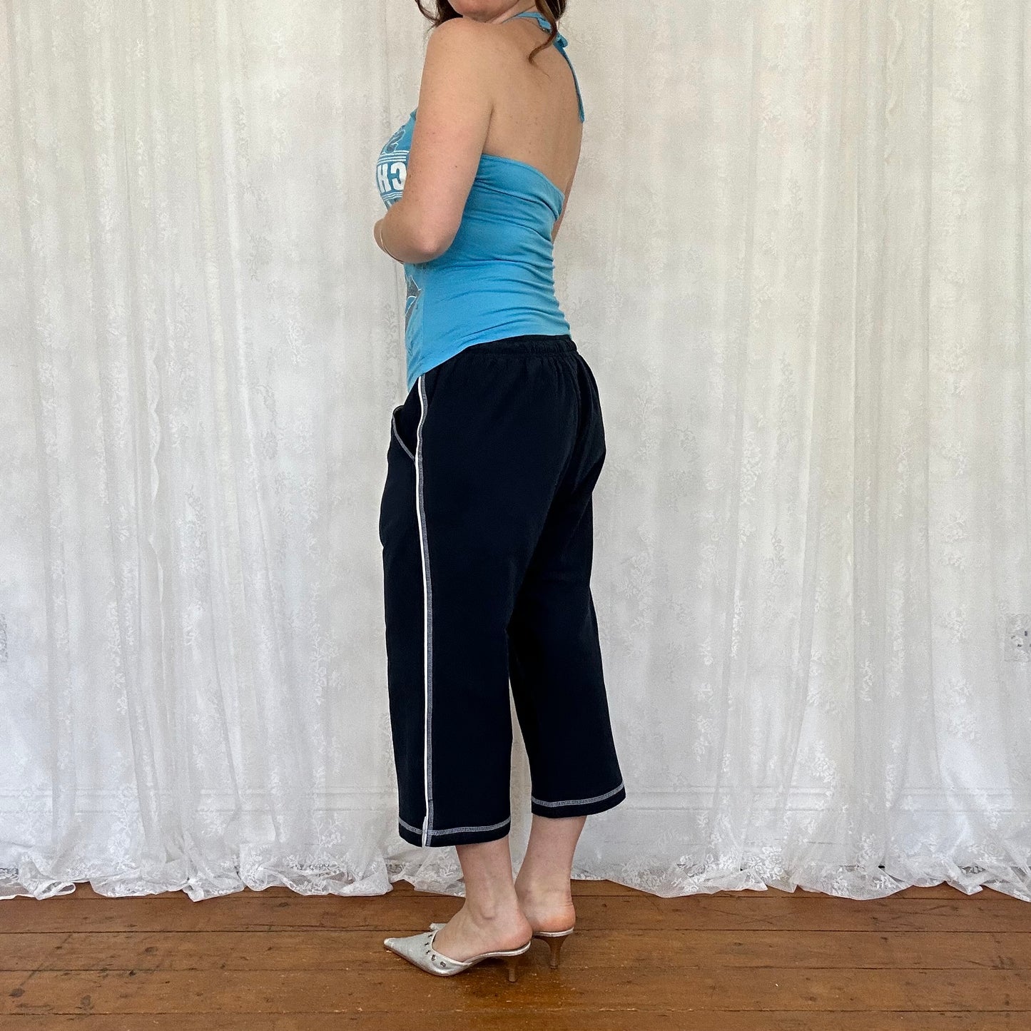 vintage 00s blue cheerleader graphic o ring halterneck