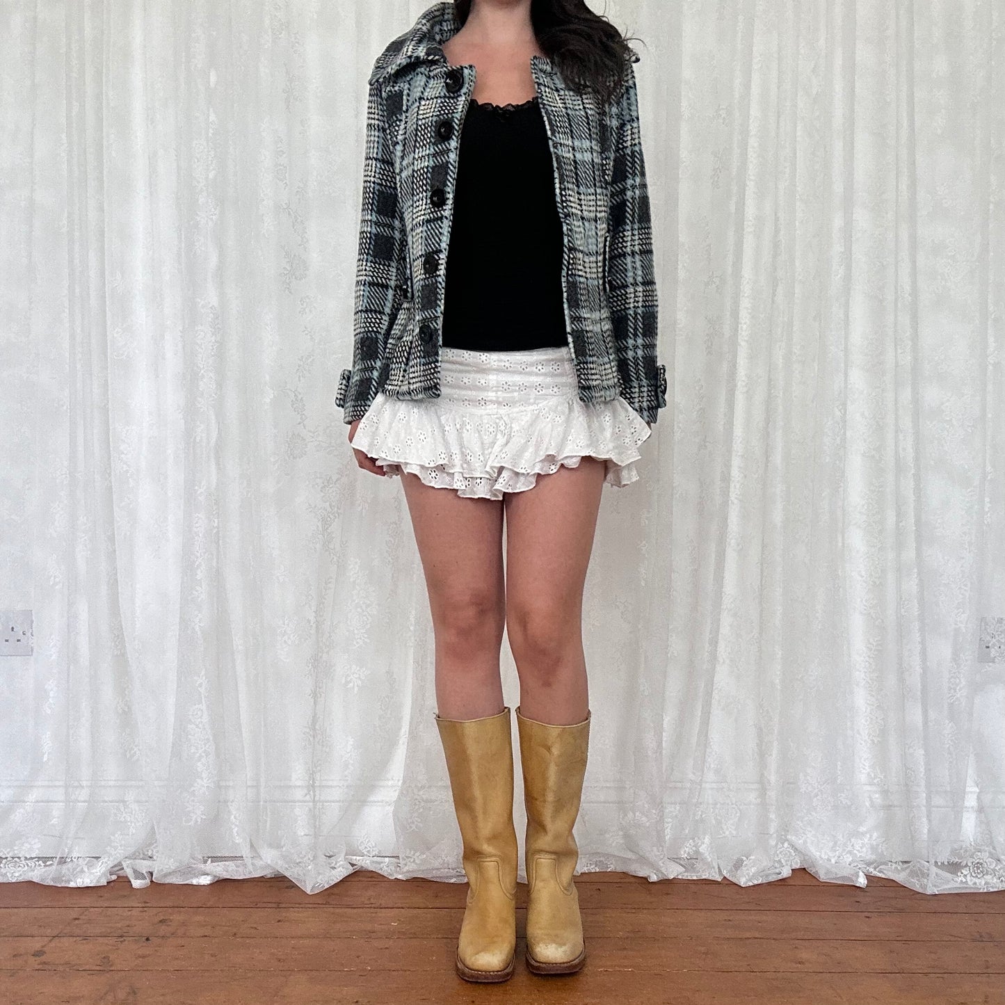 vintage 00s blue checkered button up peacoat