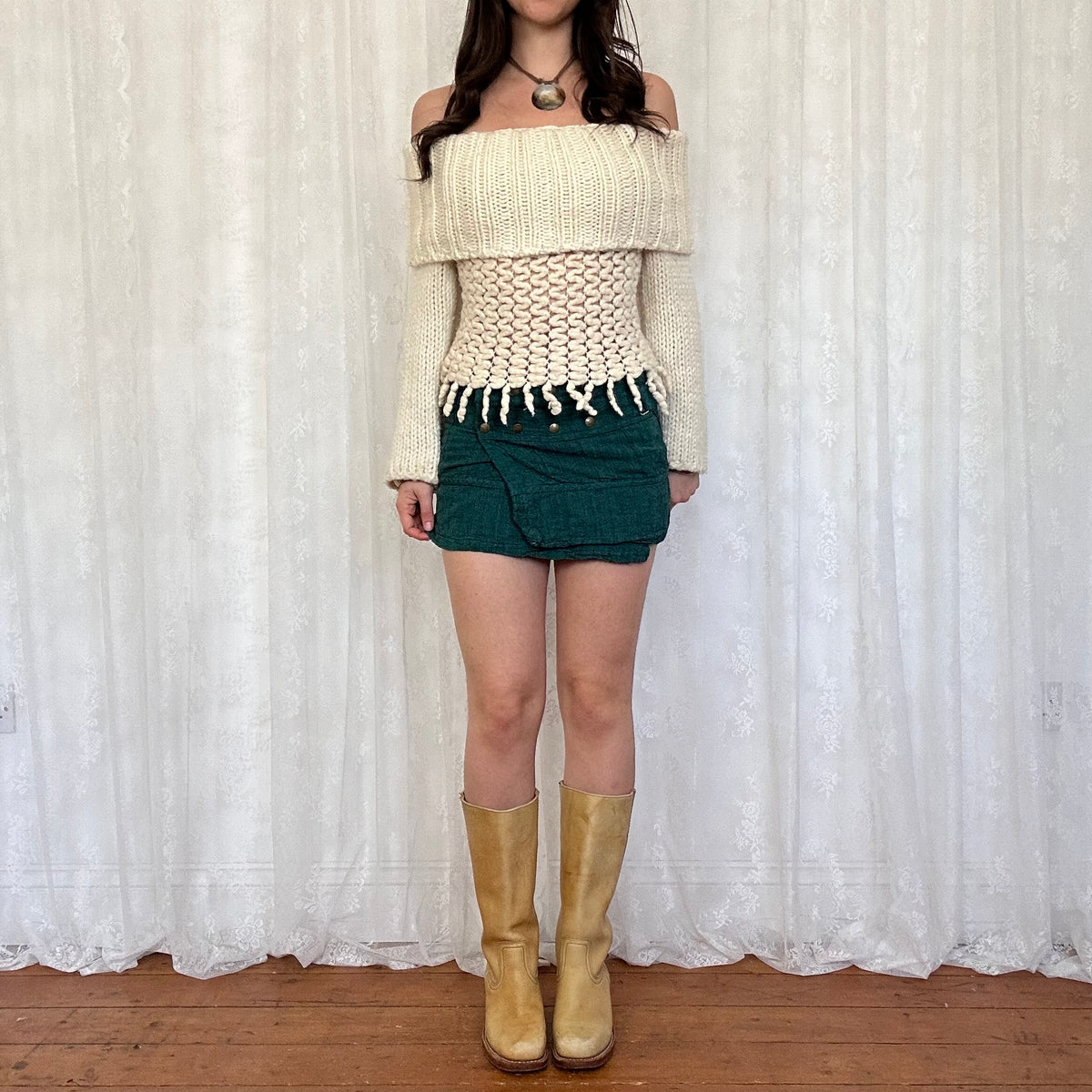 vintage 00s cream chunky knit off shoulder jumper