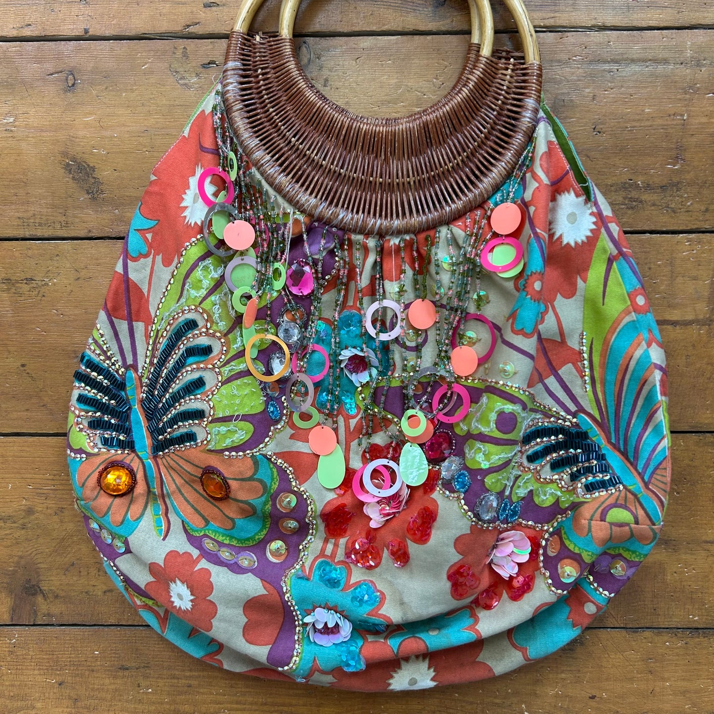 vintage 00s sequin beaded floral print wooden strap bag