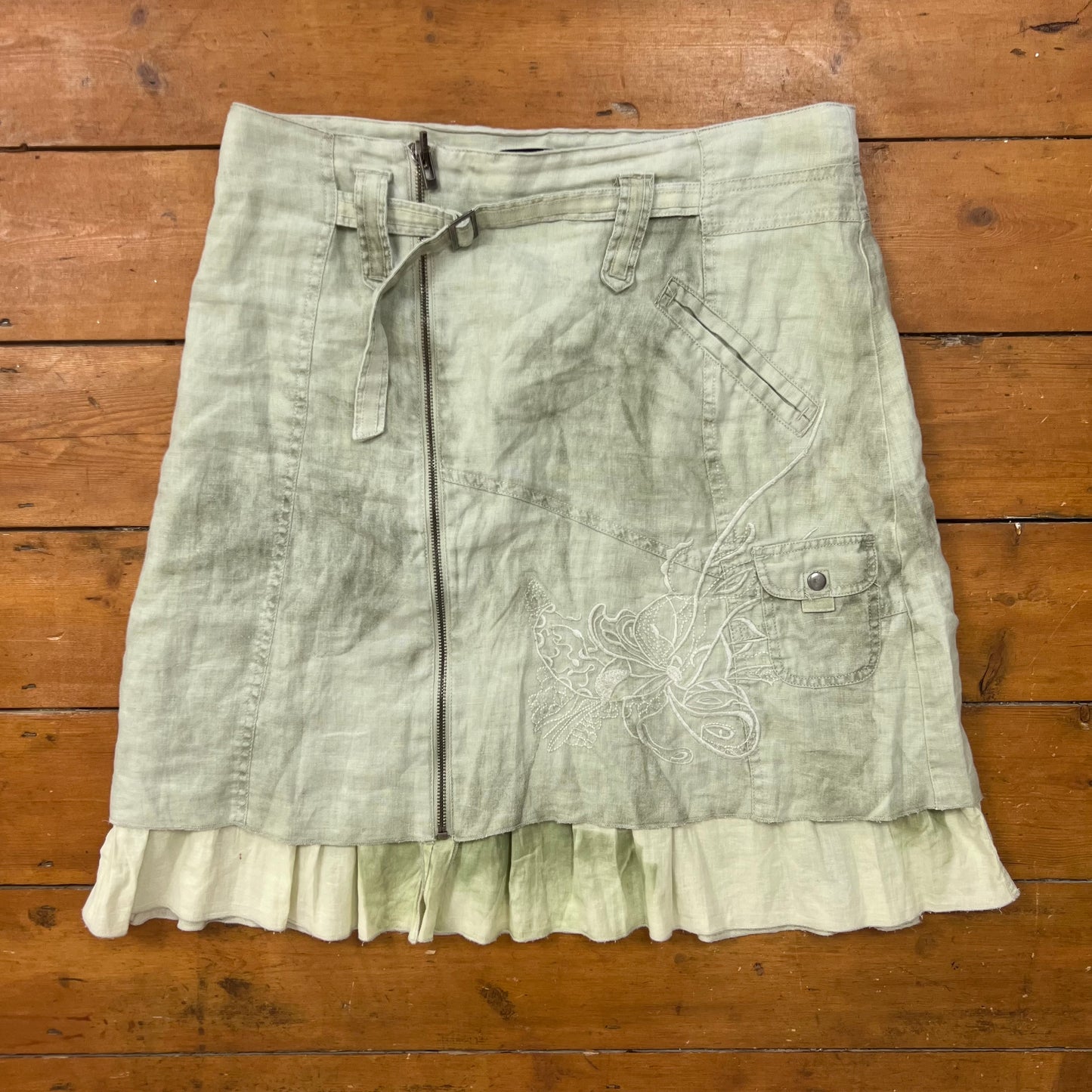 vintage 00s green embroidered midi skirt with belt
