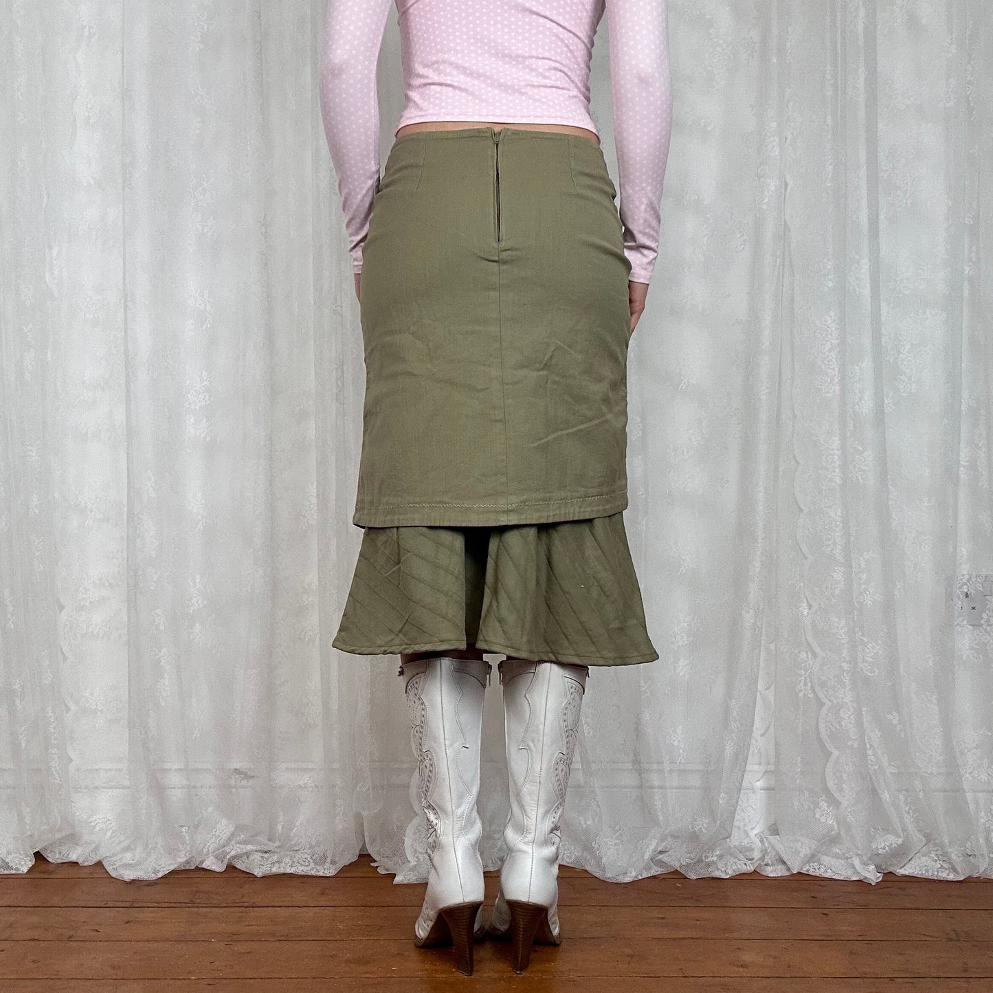 vintage 00s bleached khaki studded midi skirt