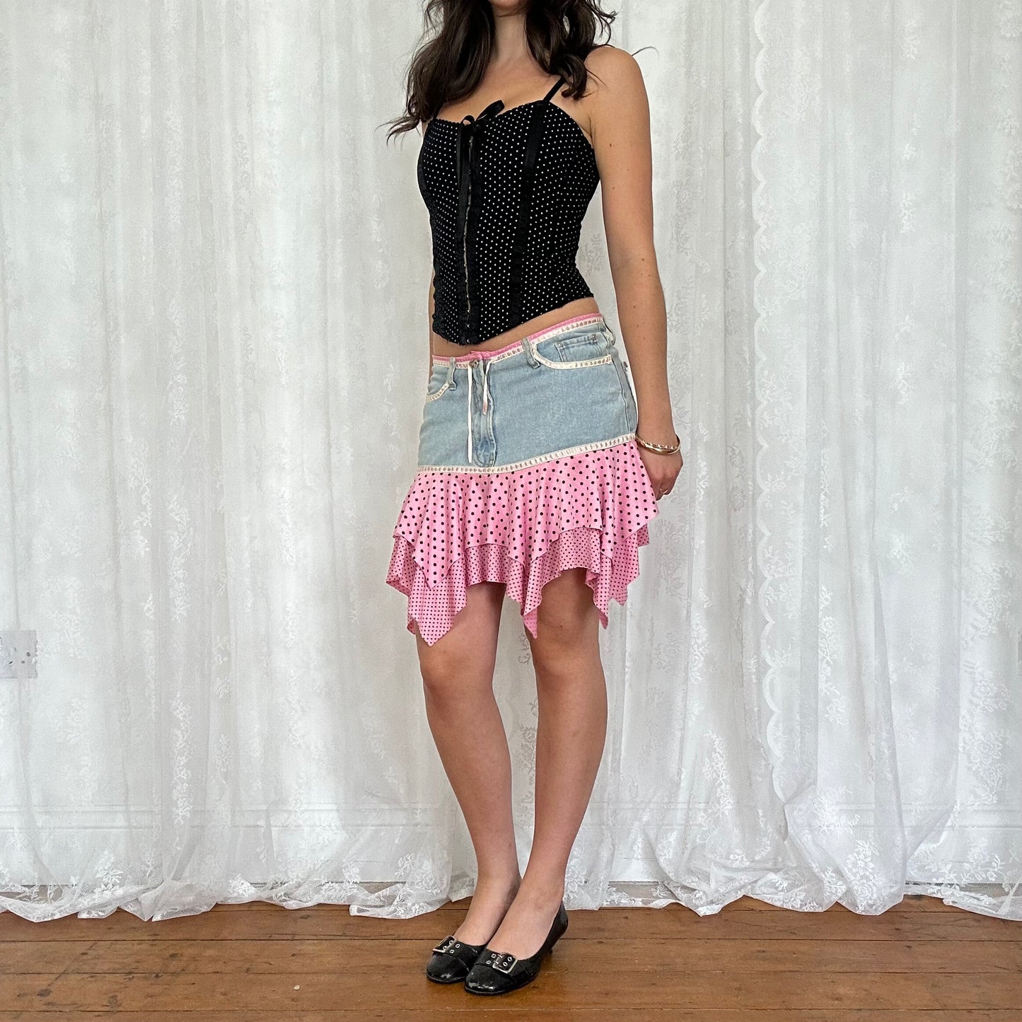 vintage 00s black polka dot hook and eye cami top