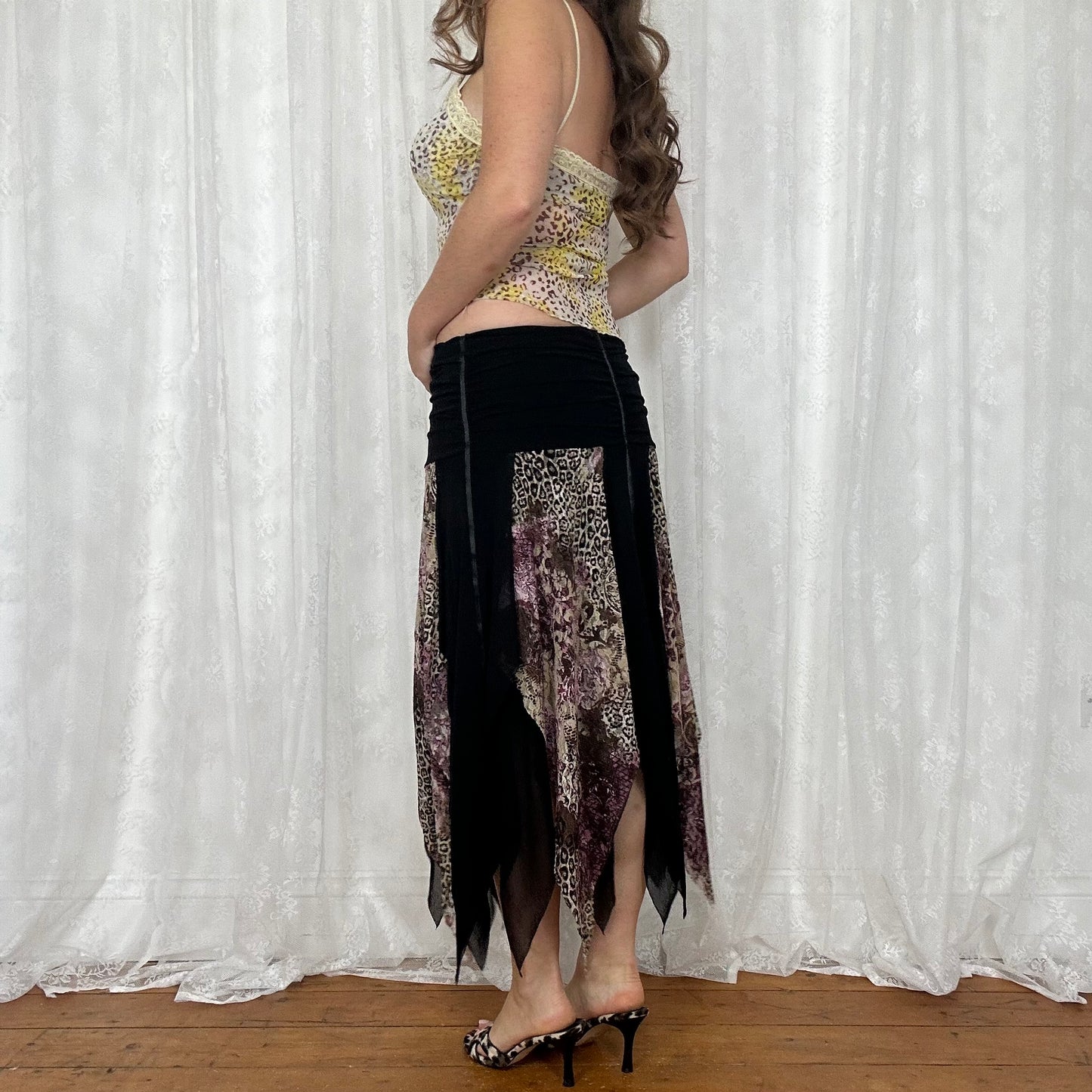 vintage 00s black animal print mesh fairy midi skirt