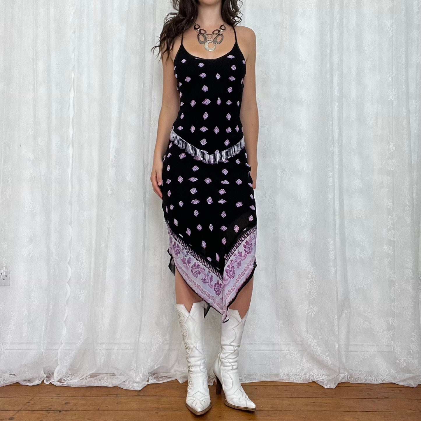vintage 00s black and purple beaded top and handkerchief skirt co ord