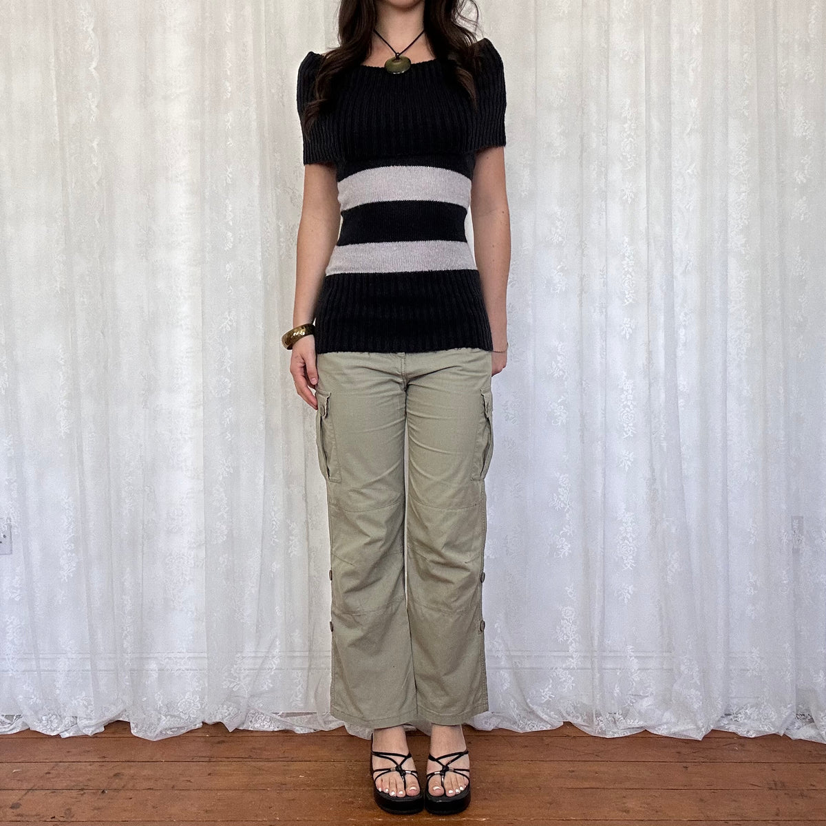 vintage 00s black and grey striped off shoulder jumper