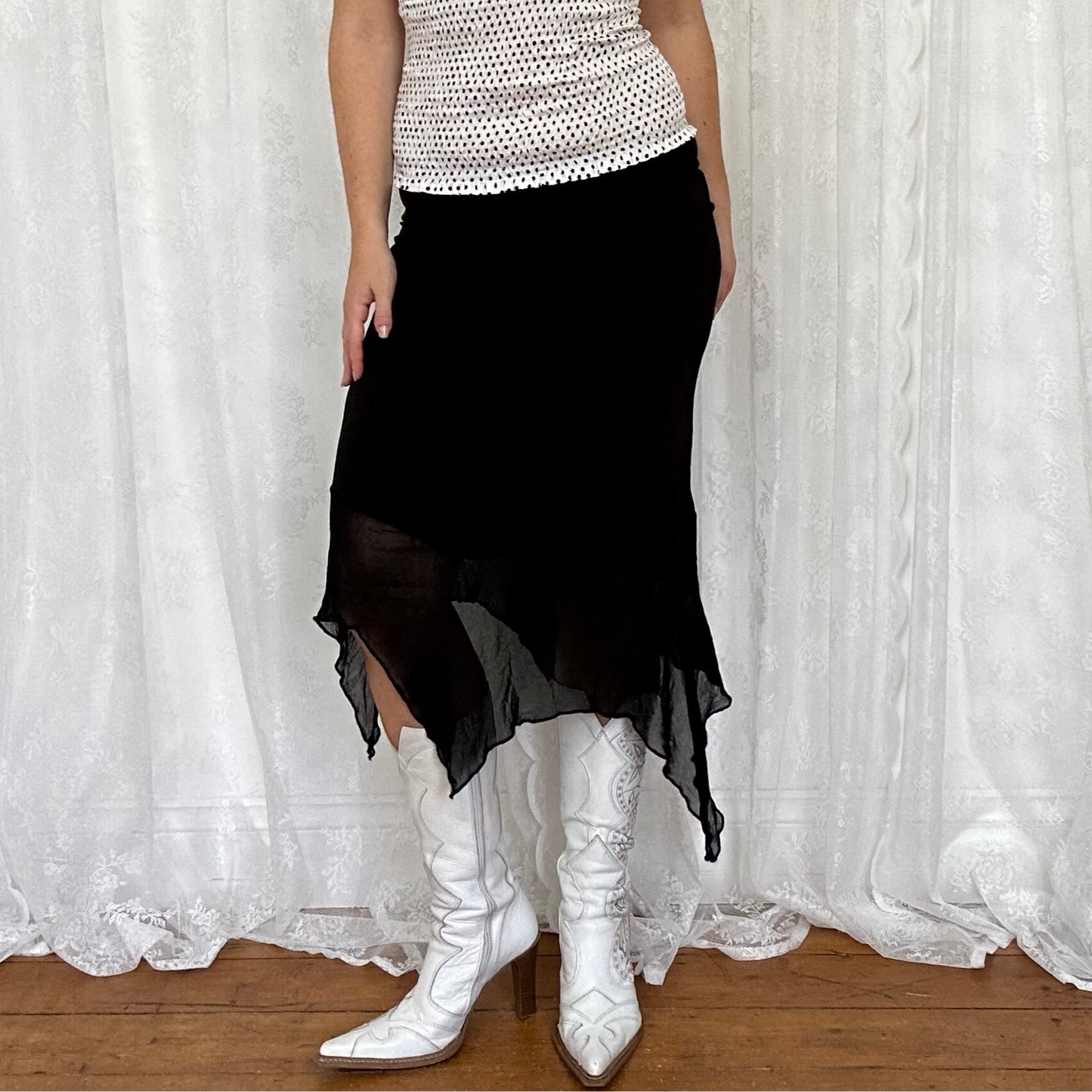 vintage 00s black mesh asymmetrical midi skirt