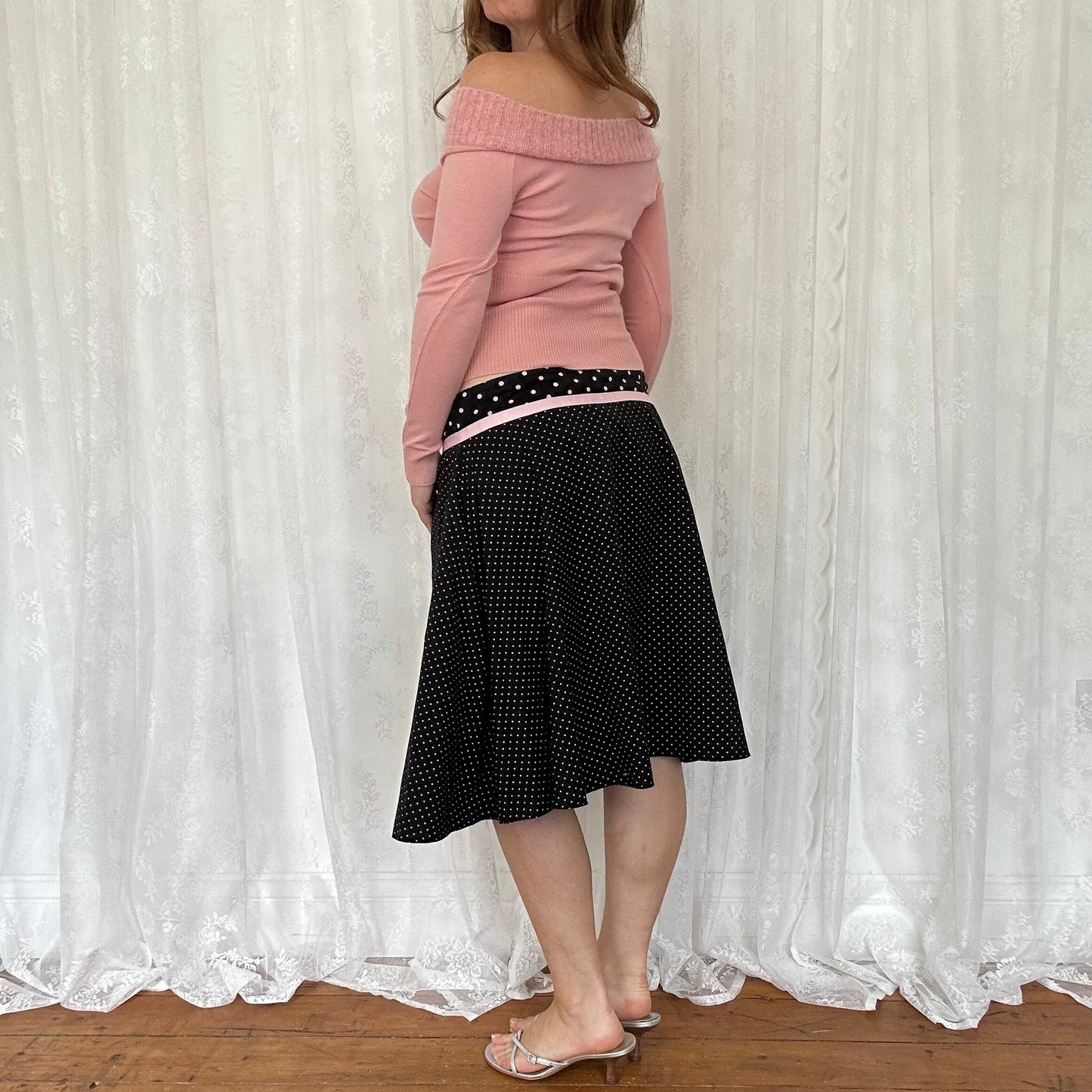 vintage 00s black and pink polka dot midi skirt