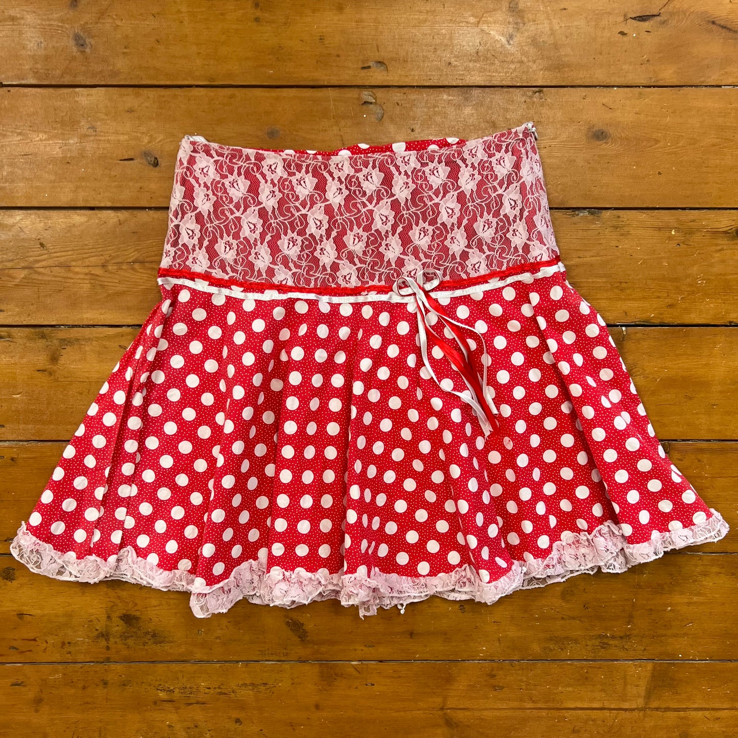 vintage 00s red and white polka dot midi skirt