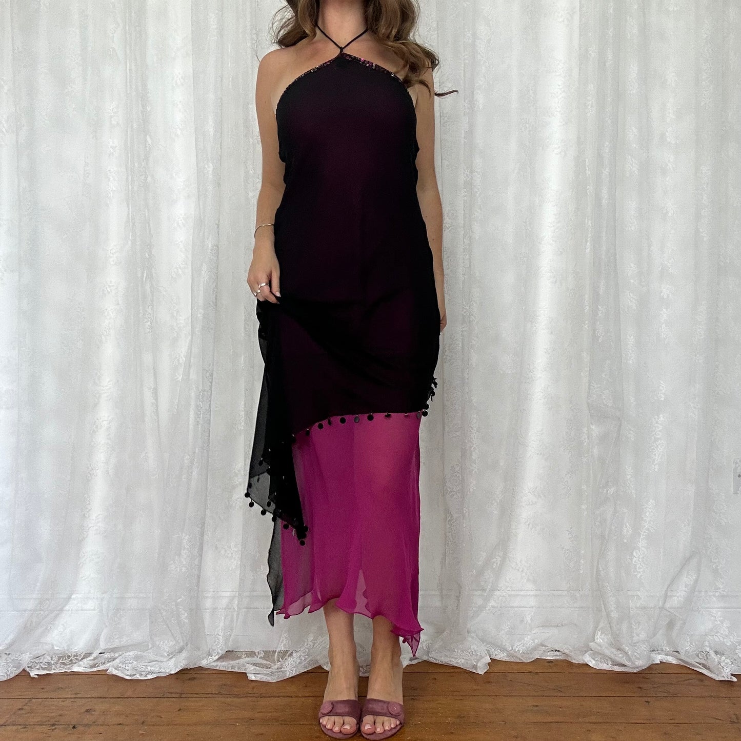 vintage 00s rene derhy pink and black sequin mesh midi dress