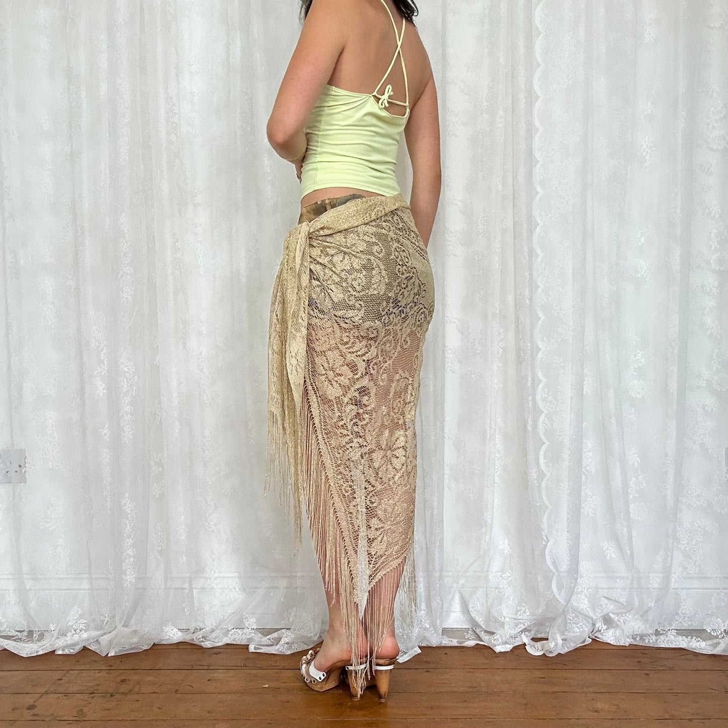 vintage 00s gold crochet tassel wrap skirt / shawl