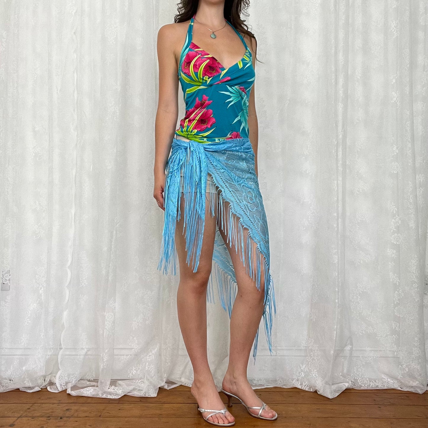 vintage 00s blue crochet tassel wrap skirt / shawl