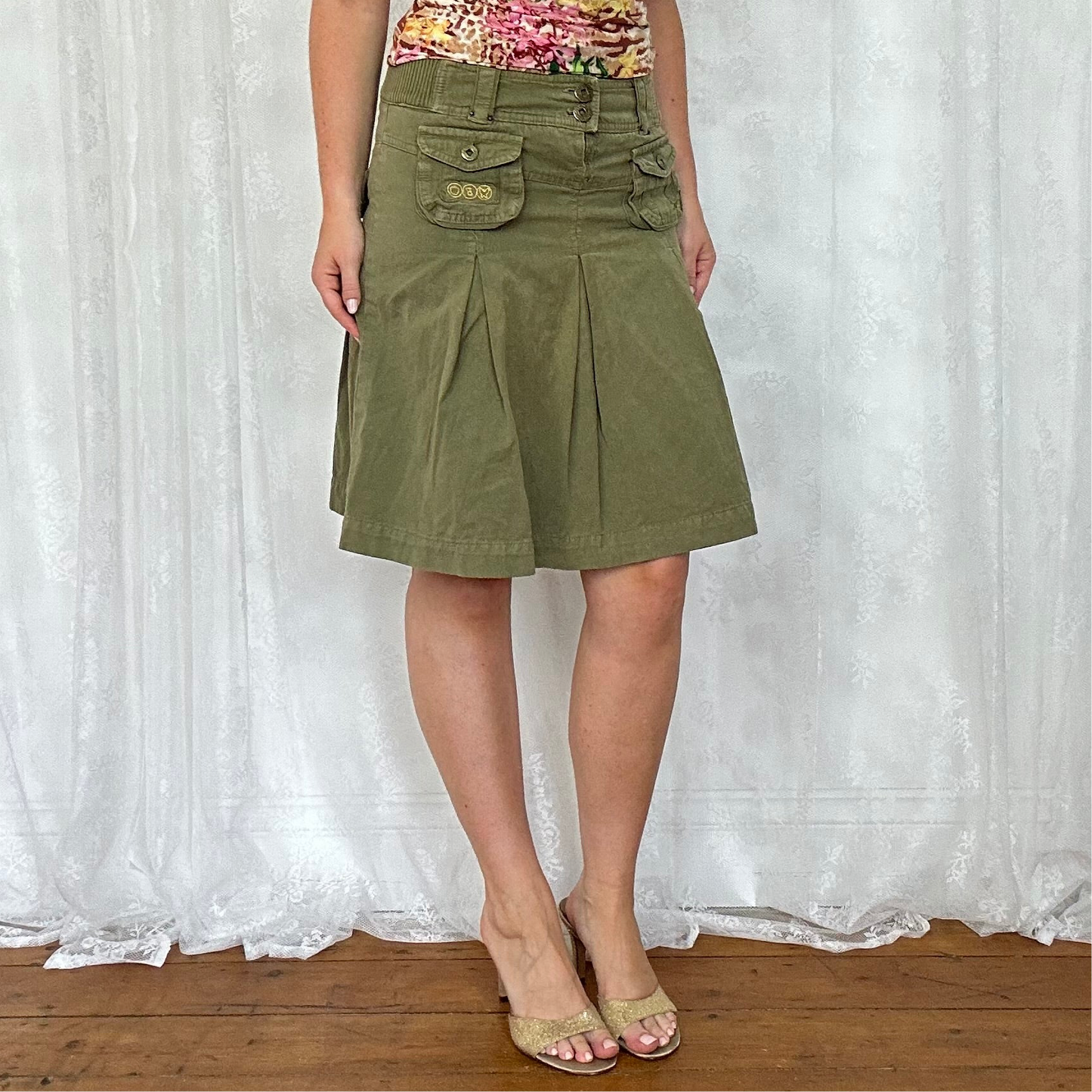 vintage 00s khaki cargo pleated midi skirt