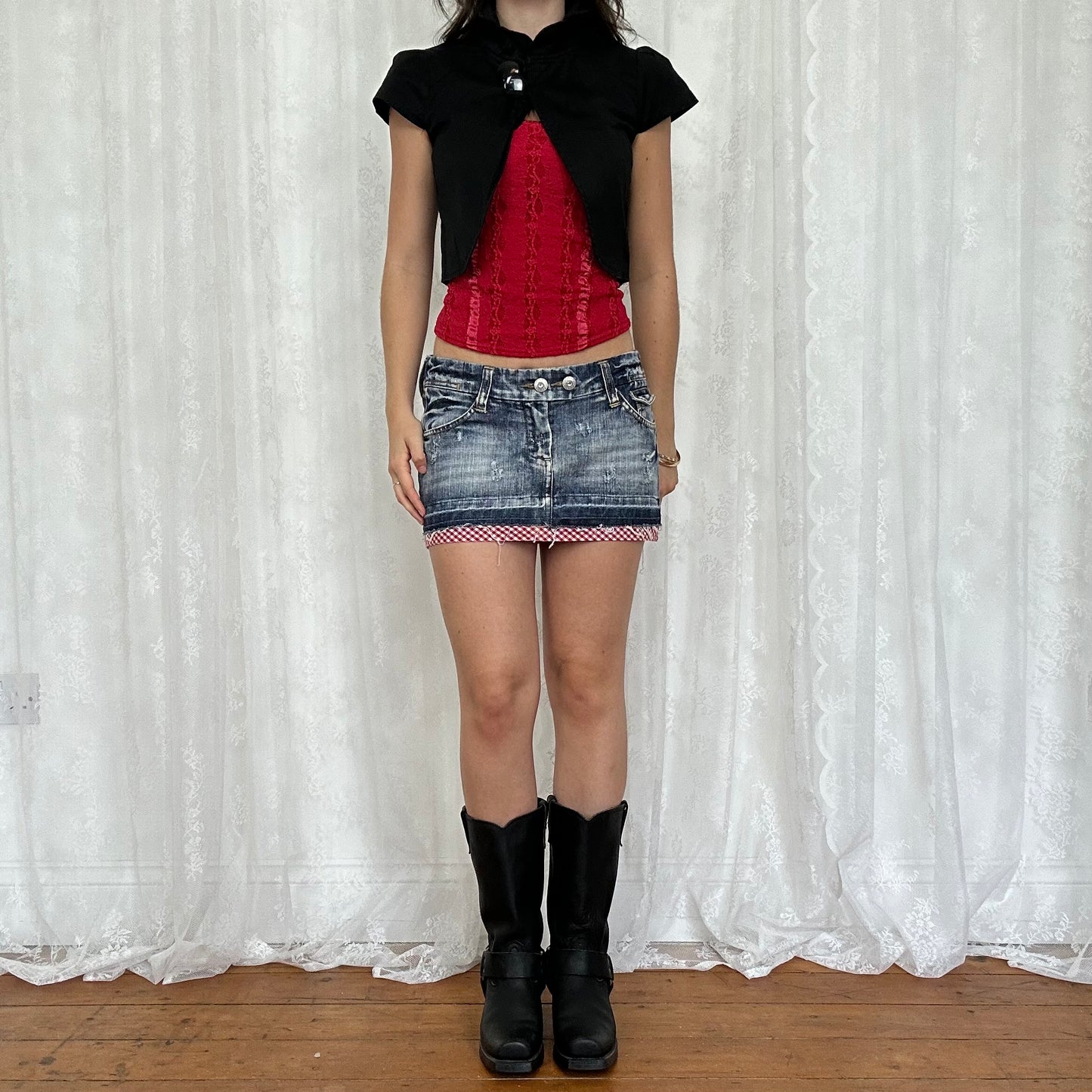 vintage 00s denim mini skirt with gingham trim